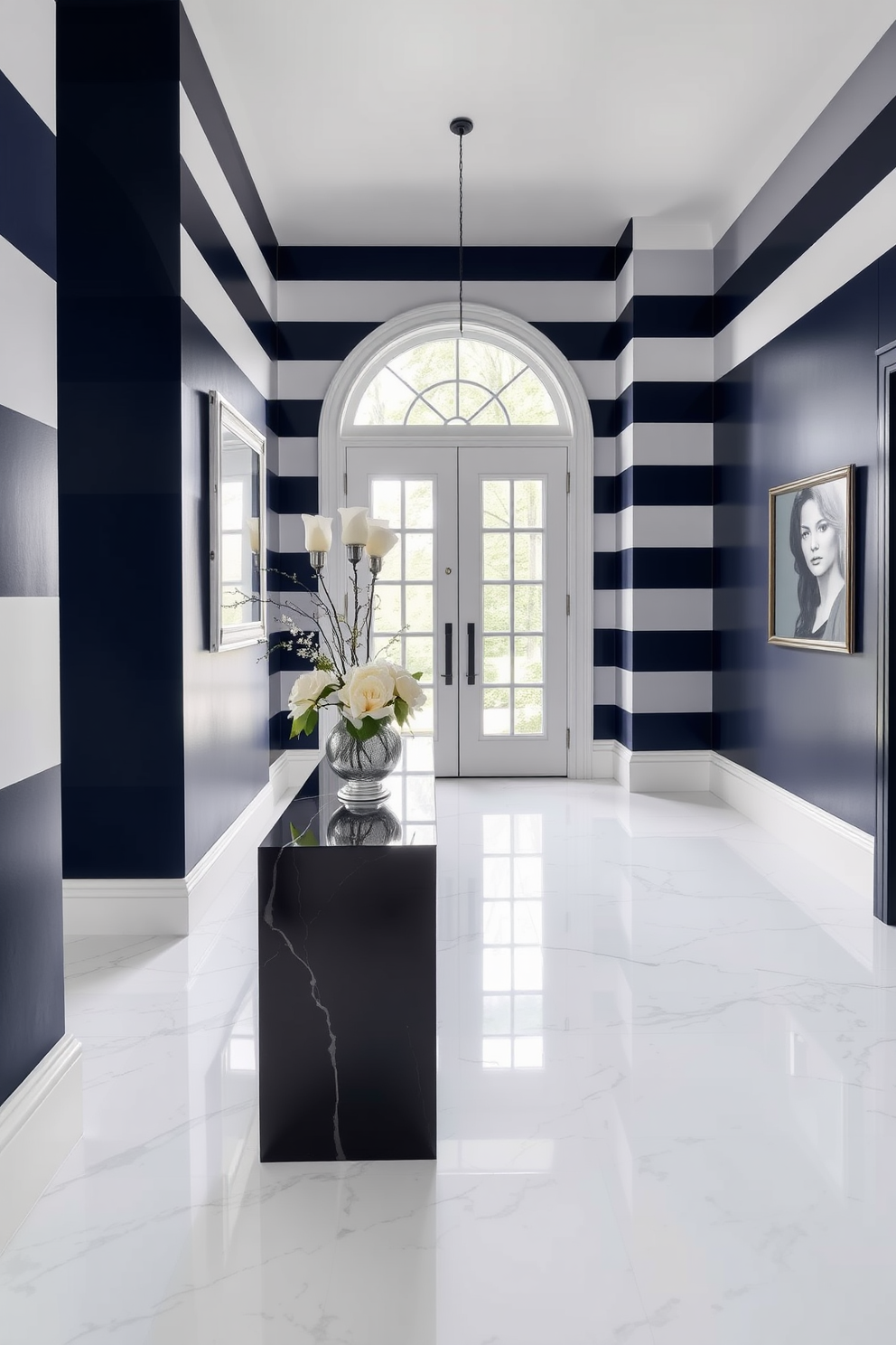 A striking foyer featuring bold navy stripes on the walls creates a dramatic entrance. The floor is adorned with a sleek white marble that contrasts beautifully with the deep blue, enhancing the overall elegance of the space.