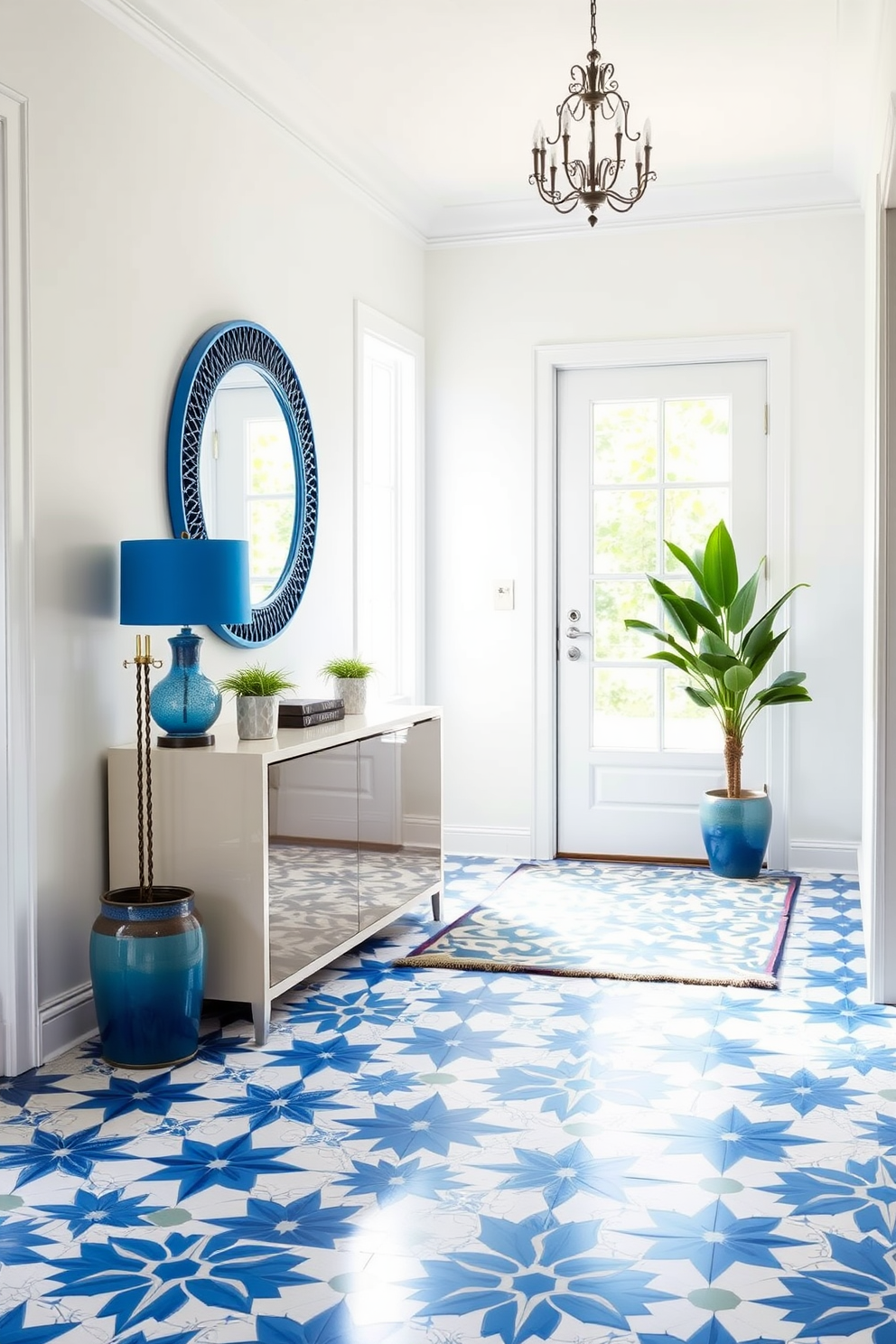 A bright and inviting foyer features blue and white patterned tiles that create a stunning visual impact on the floor. The walls are painted in a crisp white, and a sleek console table with a blue accent lamp sits against one side. A large round mirror with a blue frame hangs above the console, reflecting natural light that floods in through a nearby window. Potted greenery adds a touch of freshness, while a stylish area rug in complementary colors anchors the space.