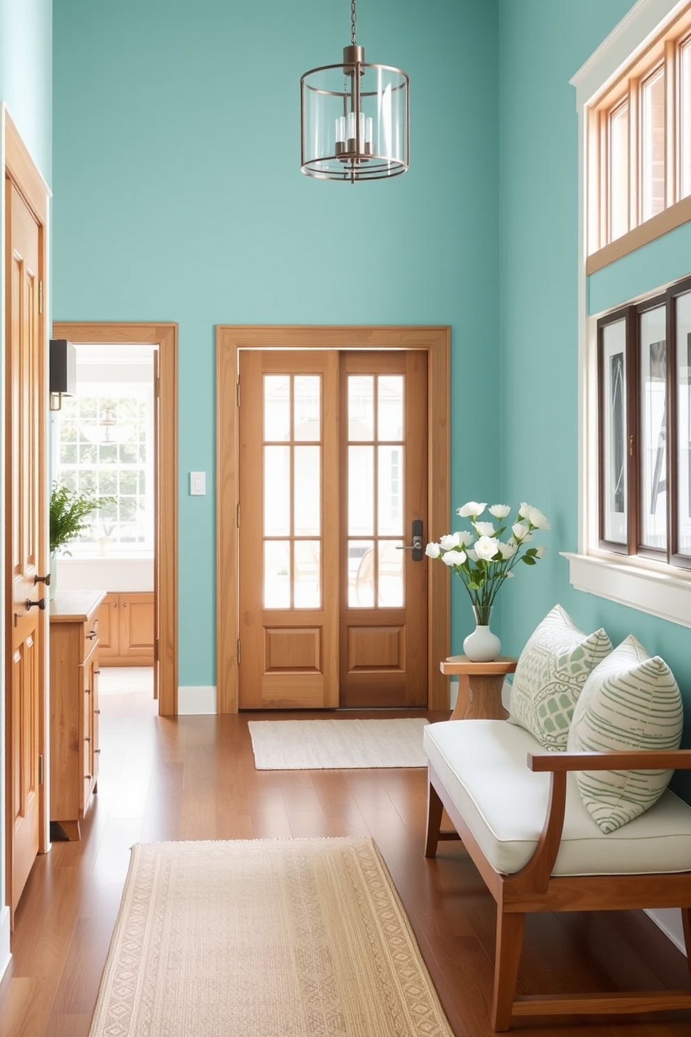 A serene foyer featuring aquamarine walls that create a calming atmosphere. Natural wood accents are used throughout, including a warm wood console table and a stylish bench adorned with soft cushions.