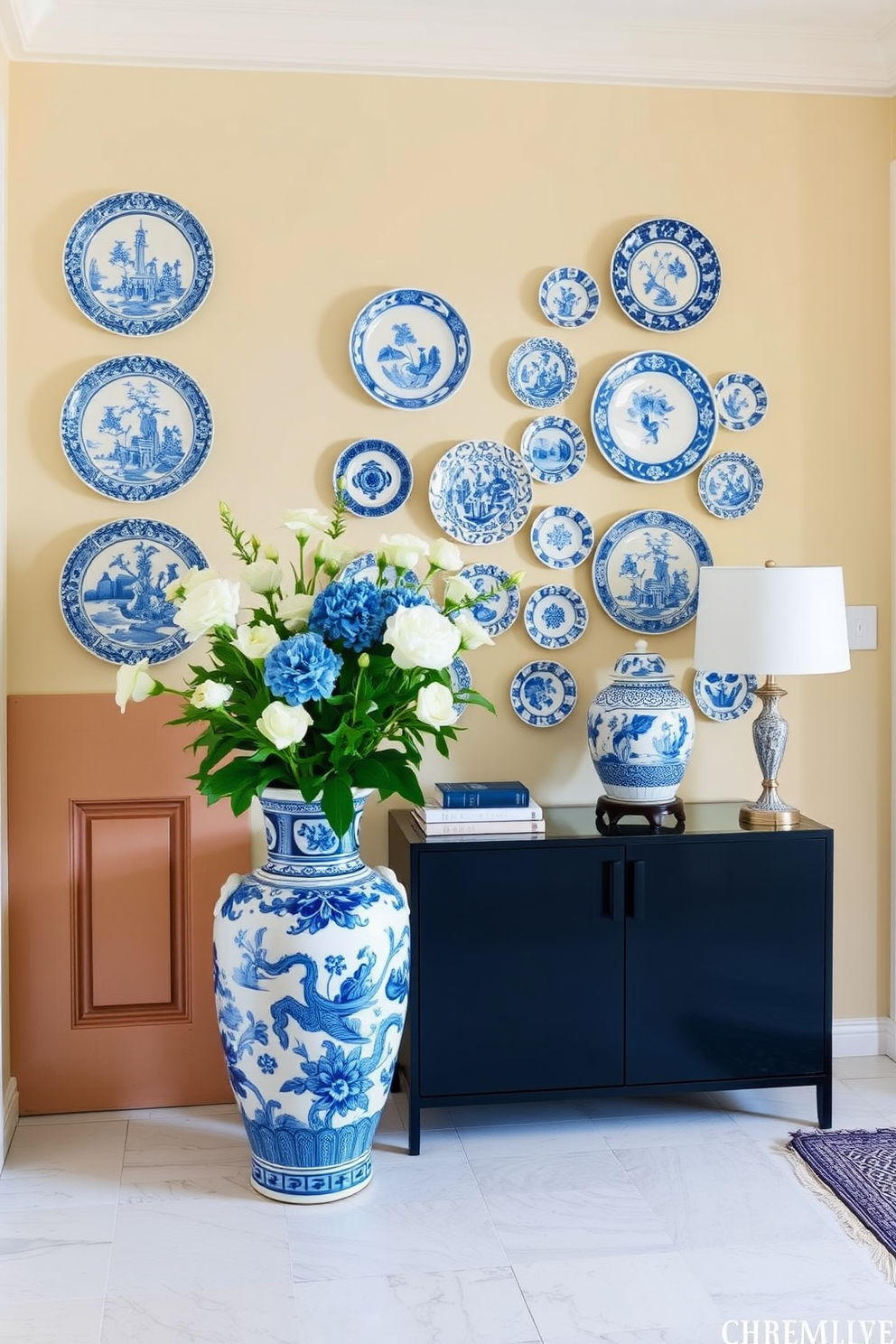 A classic foyer design featuring blue and white porcelain decor. The space is adorned with a large blue and white vase filled with fresh flowers, positioned on a sleek console table. The walls are painted in a soft cream color, providing a warm backdrop for the decorative elements. Elegant blue and white porcelain plates are artfully arranged in a gallery style on one wall, adding personality and charm to the entrance.