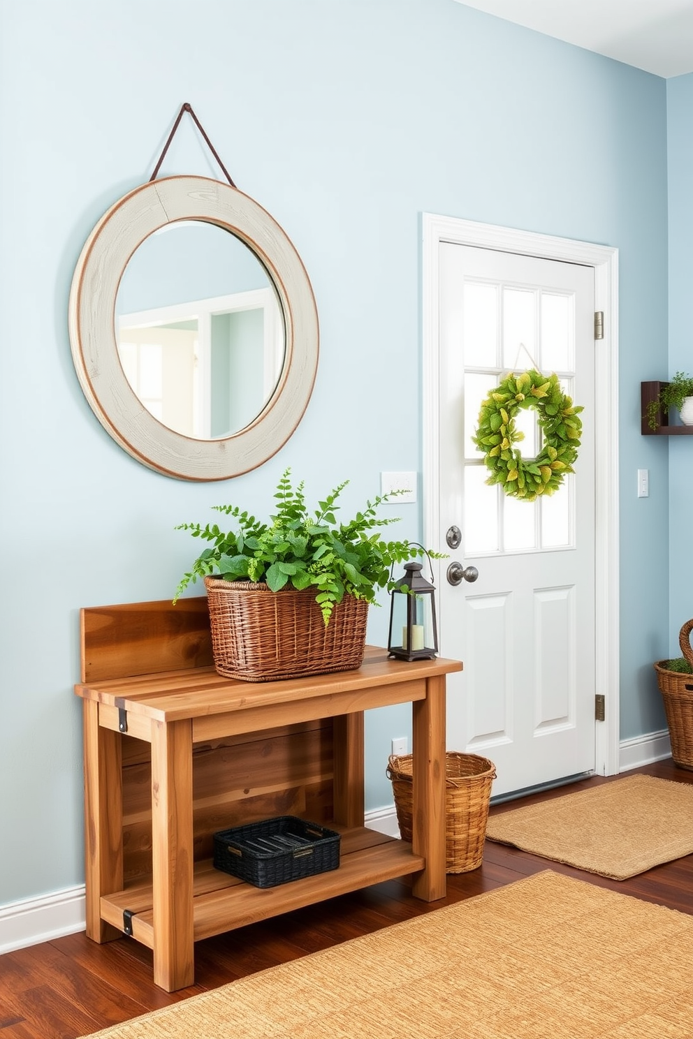 A powder blue foyer is adorned with rustic accents that create a warm and inviting atmosphere. The walls are painted in a soft powder blue, complemented by a reclaimed wood console table against one side. A large round mirror with a distressed frame hangs above the console, reflecting natural light. On the table, a woven basket filled with greenery adds a touch of nature, while a vintage lantern provides soft illumination.