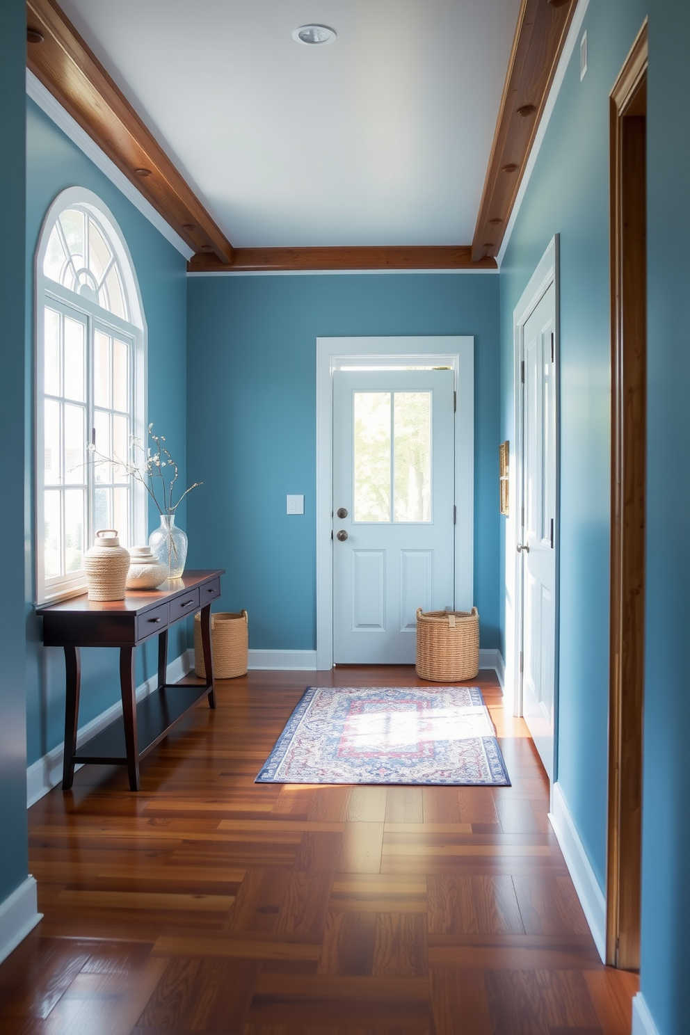 A serene foyer featuring sky blue walls that evoke a sense of calm and tranquility. The space is enhanced by rich wooden elements, including a stylish console table and a warm hardwood floor. Natural light floods in through a large window, illuminating the inviting atmosphere. Decorative accents, such as a woven basket and a vibrant rug, add texture and warmth to the design.