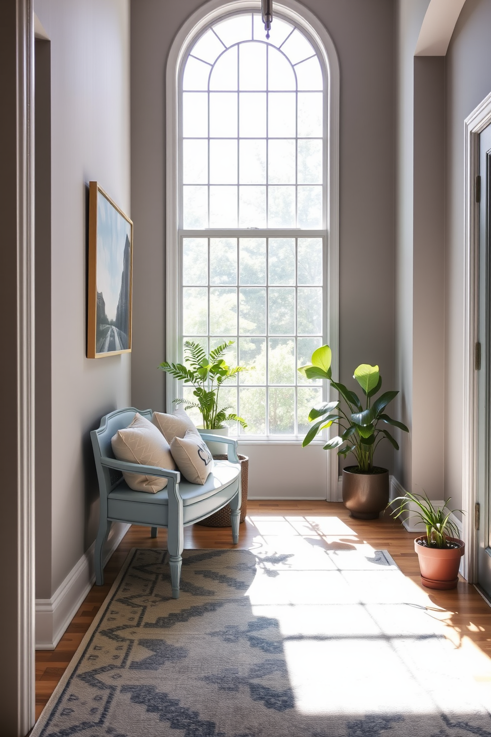 A light blue bench with soft cushions is positioned against a wall adorned with elegant artwork. The foyer features a stylish area rug that complements the color of the bench, creating a welcoming atmosphere. Natural light floods the space through a large window, enhancing the serene ambiance. Potted plants are strategically placed to add a touch of greenery and warmth to the design.