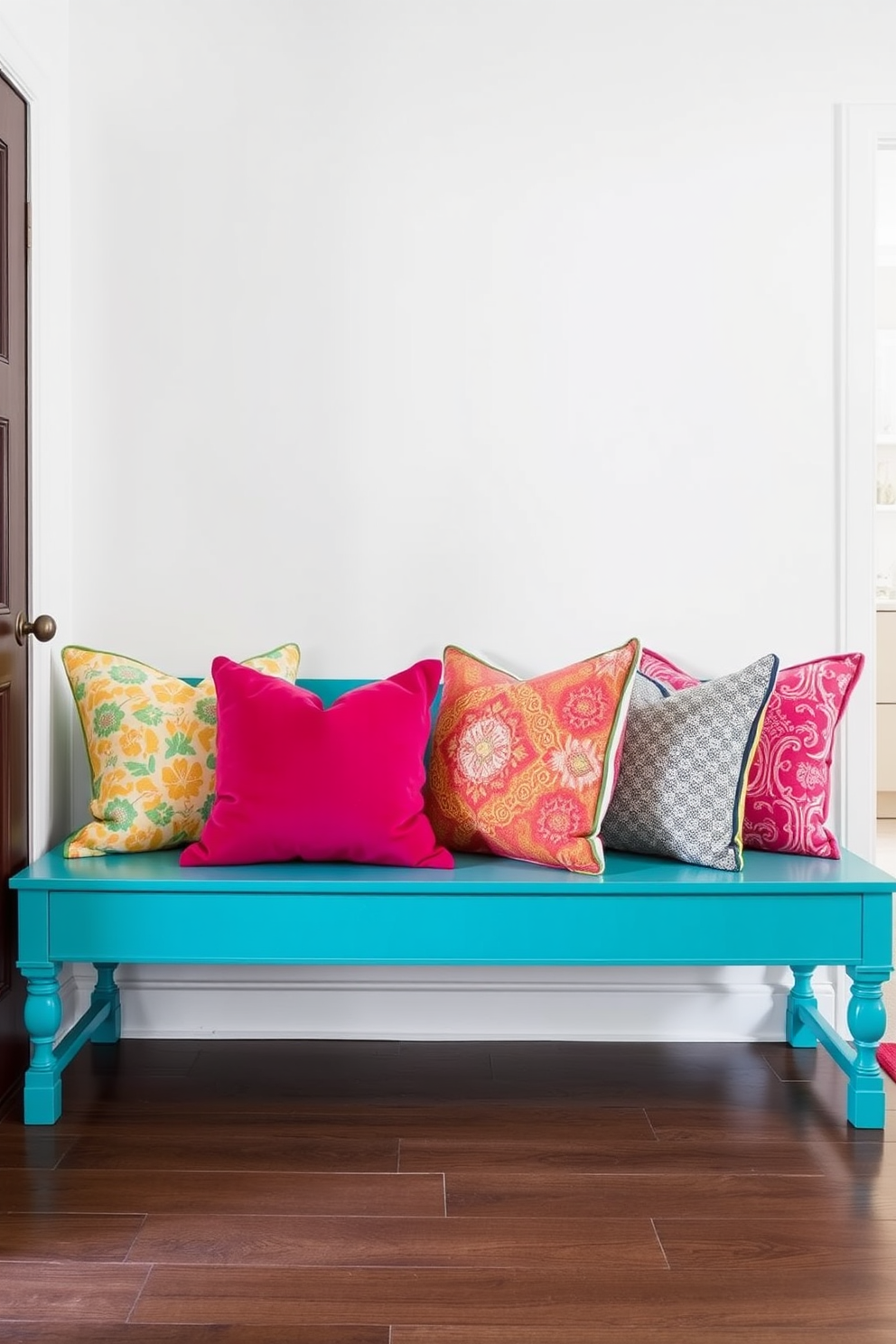 A striking foyer features a teal bench adorned with an array of colorful throw pillows, inviting guests to sit and relax. The walls are painted in a soft white hue, complementing the vibrant colors of the pillows and creating a bright and welcoming atmosphere.