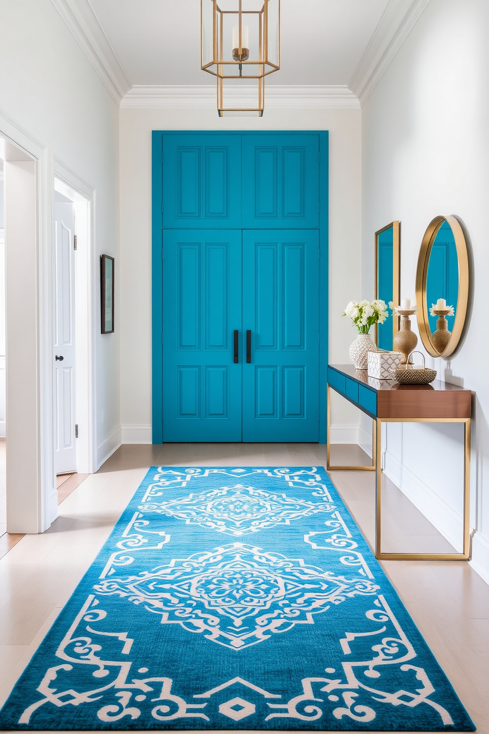 A stunning foyer featuring a cerulean rug adorned with intricate geometric designs that adds a pop of color to the space. The walls are painted in a soft white, creating a bright and airy atmosphere, while a sleek console table sits against one wall, topped with decorative accents and a stylish mirror.