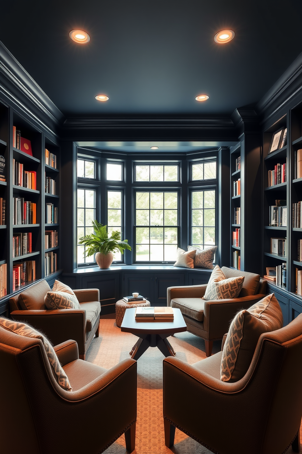 Cozy navy blue reading nook with plush seating and soft lighting. The walls are lined with built-in shelves filled with books and decorative items, creating an inviting atmosphere. Blue home library design with a large window allowing natural light to flood the space. Comfortable armchairs are positioned near a wooden table, perfect for enjoying a good book.