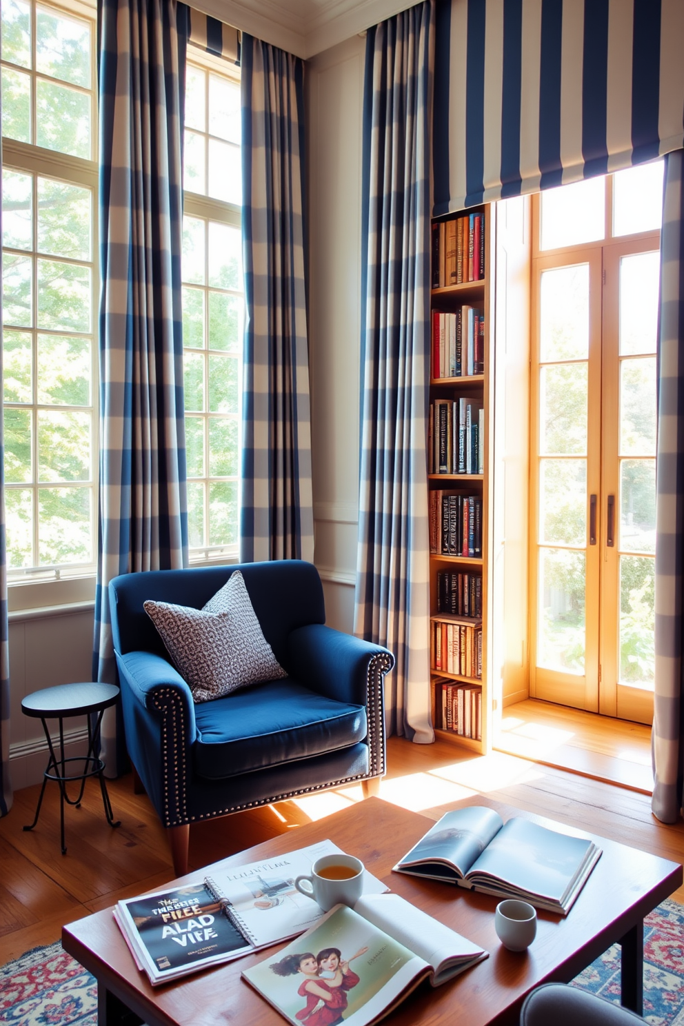 Chic blue and white striped curtains frame the tall windows of a cozy home library. The soft fabric gently filters natural light, creating a serene atmosphere perfect for reading. The library features floor-to-ceiling bookshelves filled with an array of books, accented by a plush navy blue armchair in the corner. A warm wooden coffee table is placed in front of the chair, adorned with a small stack of magazines and a steaming cup of tea.