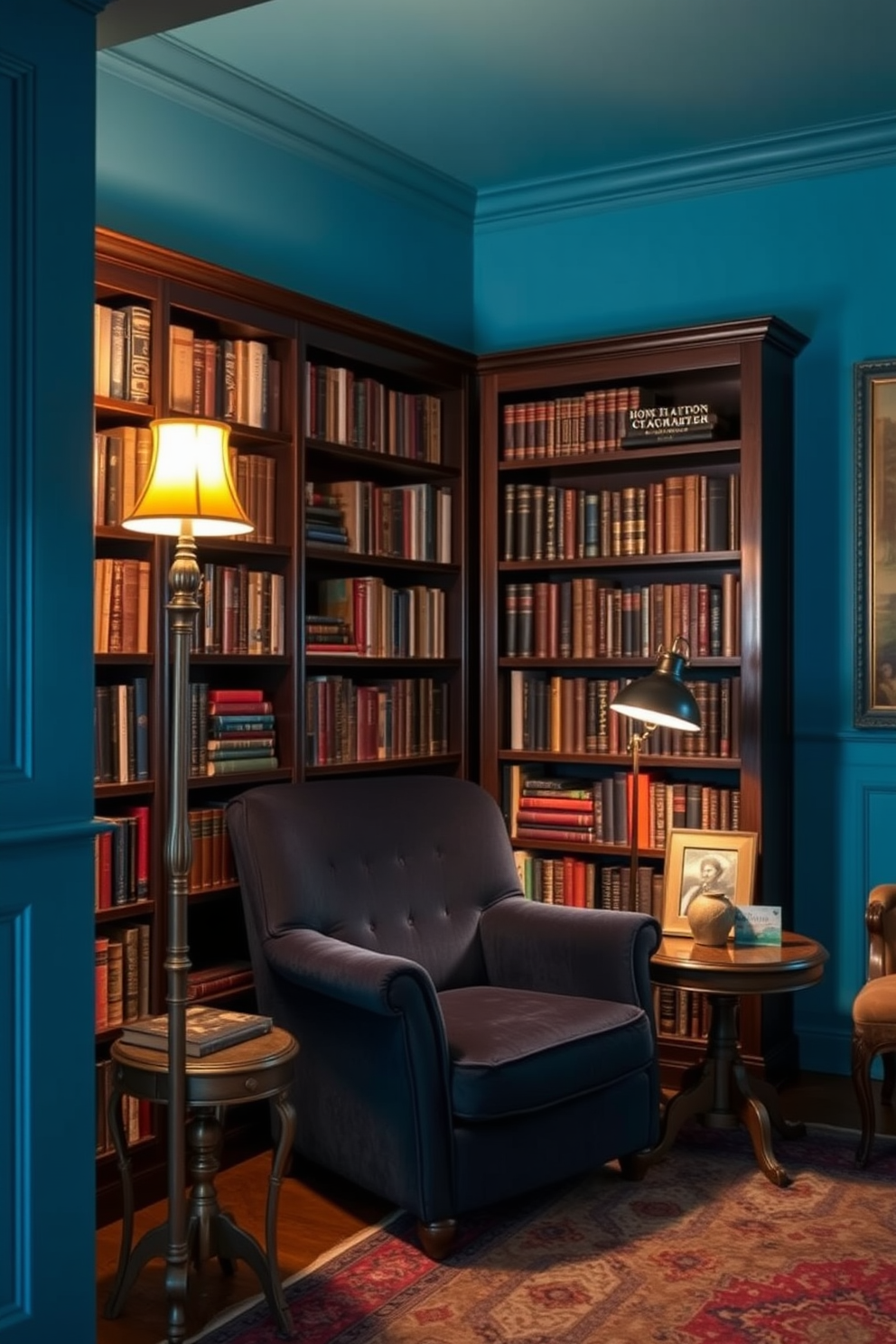 Warm blue tones create a calming atmosphere in a vintage-inspired home library. The walls are adorned with dark wooden bookshelves filled with an eclectic mix of classic literature and decorative items. A plush, oversized armchair in a rich navy fabric sits in the corner, paired with a small antique side table. Soft, warm lighting from a vintage floor lamp illuminates the space, enhancing the cozy reading nook.