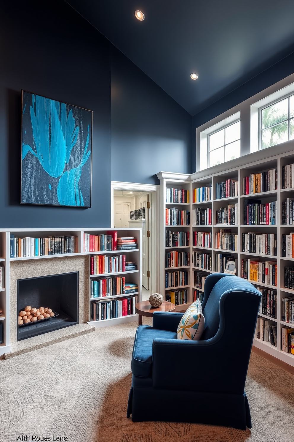 A cozy home library featuring a dark blue accent wall adorned with a striking piece of artwork. The room is filled with floor-to-ceiling bookshelves, showcasing an extensive collection of books in various colors and sizes. A plush reading nook is positioned near a large window, complete with a comfortable armchair and a small side table. Soft lighting fixtures create a warm ambiance, inviting you to relax and enjoy the literary escape.