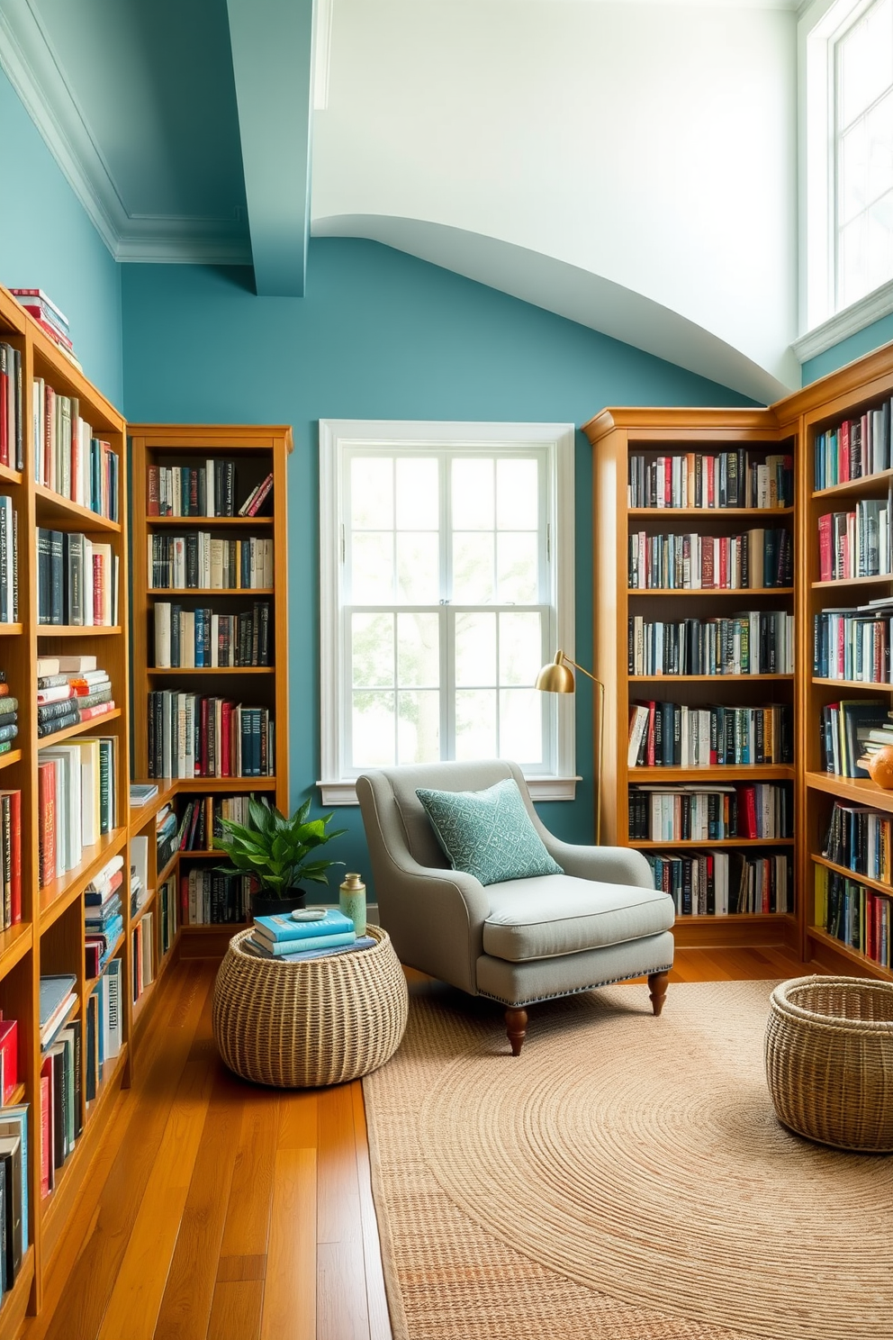 A serene ocean blue home library featuring natural textures. The walls are painted in a calming ocean blue, complemented by wooden bookshelves filled with an array of books. A cozy reading nook is created with a plush armchair upholstered in soft fabric. A woven rug adds warmth to the space, while large windows allow natural light to flood in.