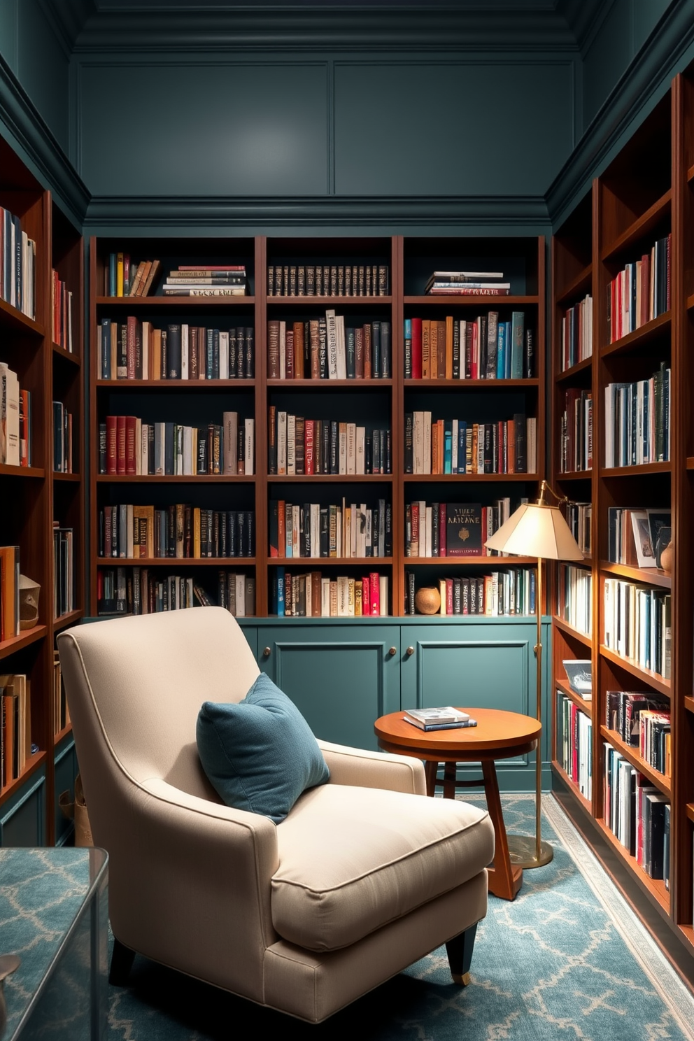 A serene home library featuring muted teal accents throughout the space. The walls are painted in a soft teal hue, complemented by rich wooden bookshelves filled with an array of books. A plush reading chair in a light beige fabric sits in one corner, paired with a small wooden side table. Soft lighting from a stylish floor lamp creates a warm and inviting atmosphere perfect for reading.