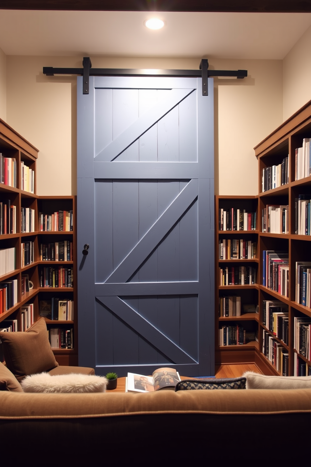 A rustic blue barn door adds character to the space, creating a warm and inviting atmosphere. The home library features wooden shelves filled with books, complemented by plush seating and soft lighting for a cozy reading nook.