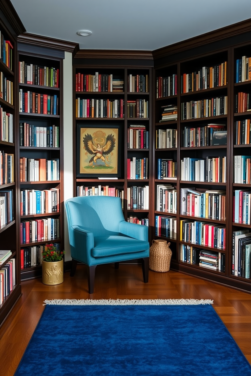 A cozy home library featuring a bright blue area rug that adds warmth to the space. The walls are lined with dark wooden bookshelves filled with a variety of books, and a comfortable reading chair sits in the corner.