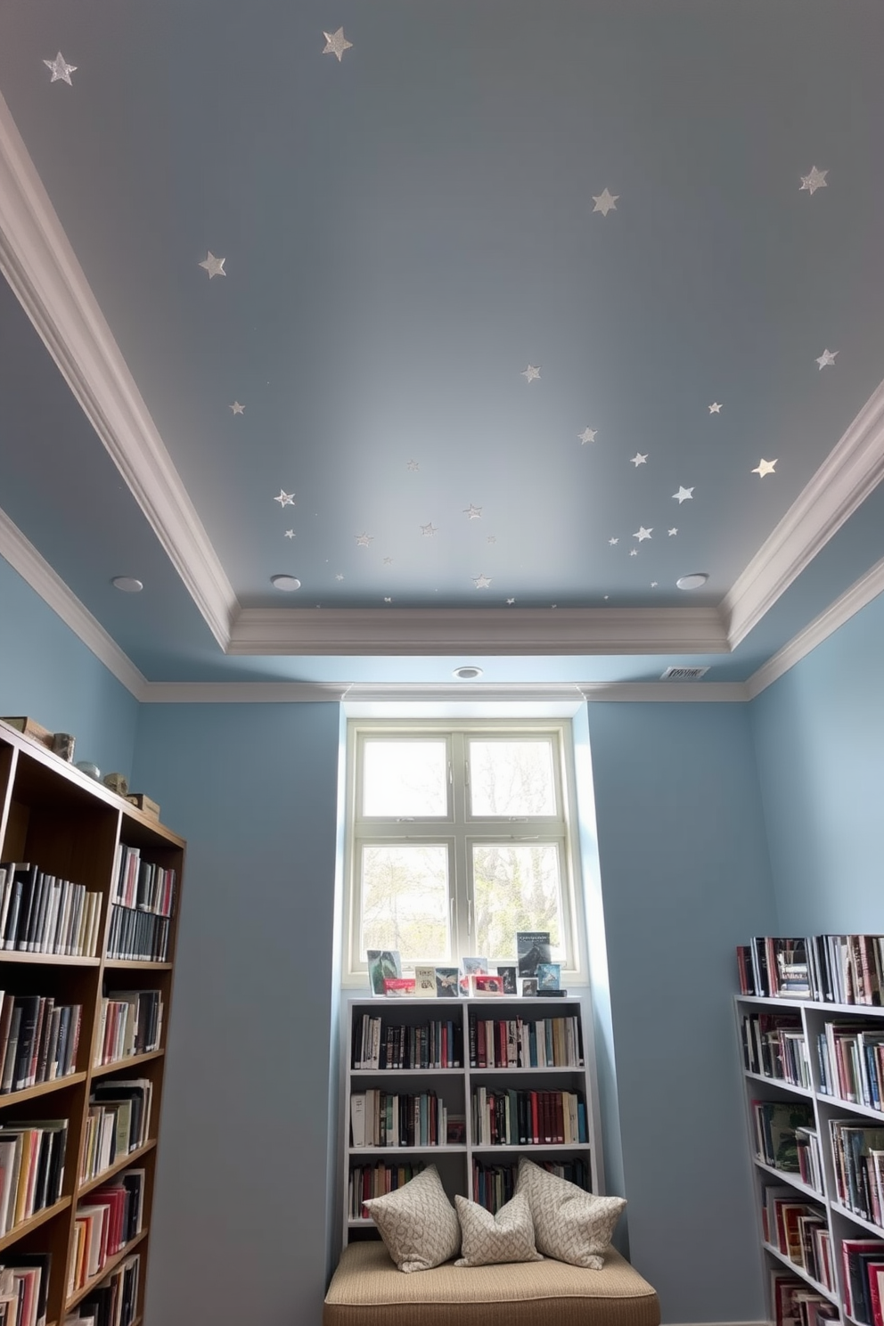 A whimsical light blue ceiling adorned with twinkling stars creates a dreamy atmosphere in the room. Below, a cozy home library features floor-to-ceiling bookshelves filled with colorful books and a plush reading nook with oversized cushions.