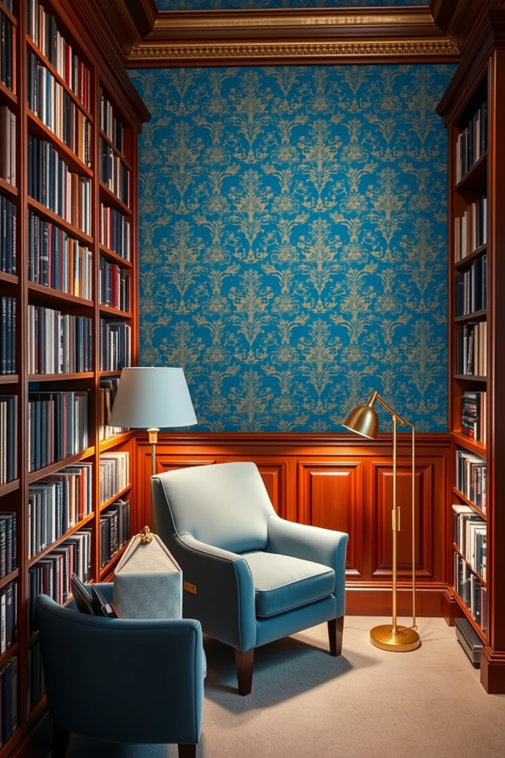 Elegant blue wallpaper with gold accents creates a luxurious backdrop for a sophisticated home library. Rich wooden bookshelves line the walls, filled with an extensive collection of books, while a plush reading chair in a complementary shade invites relaxation. Soft ambient lighting highlights the intricate patterns of the wallpaper and casts a warm glow throughout the space. A stylish brass floor lamp stands next to the reading chair, providing perfect illumination for late-night reading sessions.