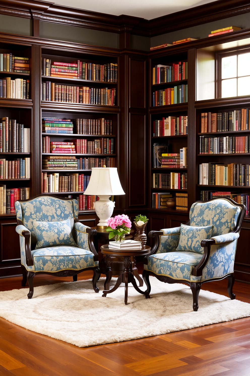 A cozy home library featuring traditional blue floral upholstery on elegant armchairs. The room is filled with dark wooden bookshelves lined with a variety of books, and a plush area rug anchors the seating area.