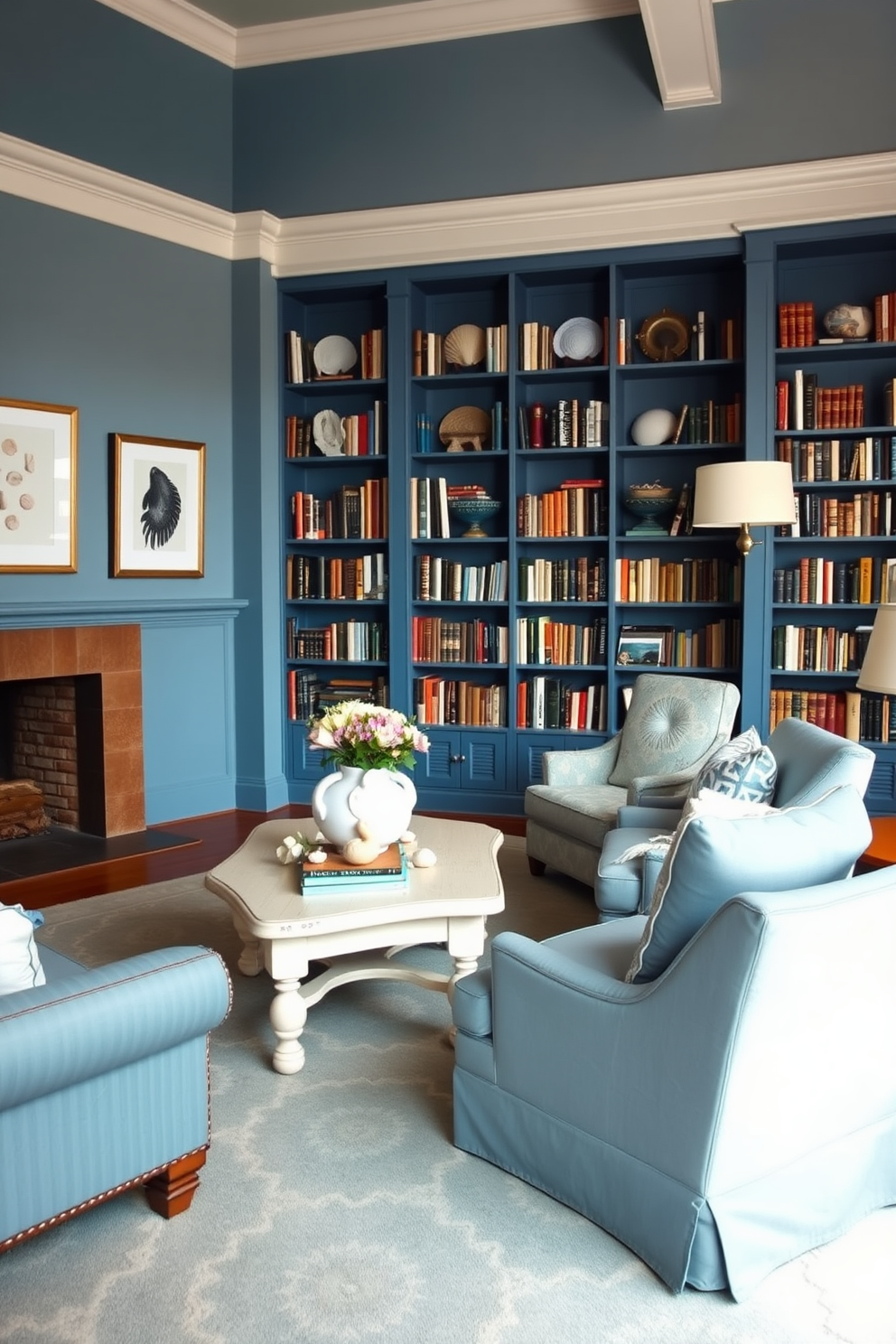 Coastal blue decor with seashell accents. The room features soft blue walls adorned with framed seashell art and a whitewashed wooden coffee table surrounded by plush seating. Blue home library design ideas. The library showcases deep blue bookshelves filled with books, a cozy reading nook with a large armchair, and warm lighting that creates an inviting atmosphere.