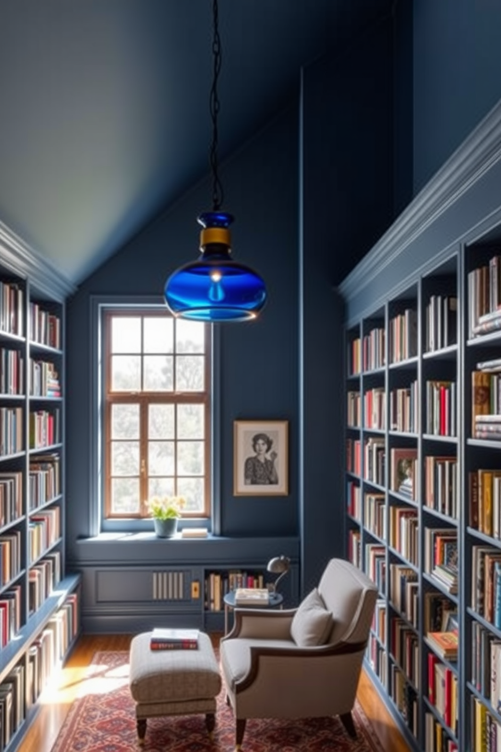 A cozy blue home library with floor-to-ceiling bookshelves filled with a variety of books. Elegant blue glass pendant lighting hangs from the ceiling, casting a warm glow over a plush reading nook with a comfortable armchair and a small side table. The walls are painted in a soft navy hue, creating a serene atmosphere perfect for reading. A large window allows natural light to filter in, complemented by rich wooden accents in the furniture and shelving.