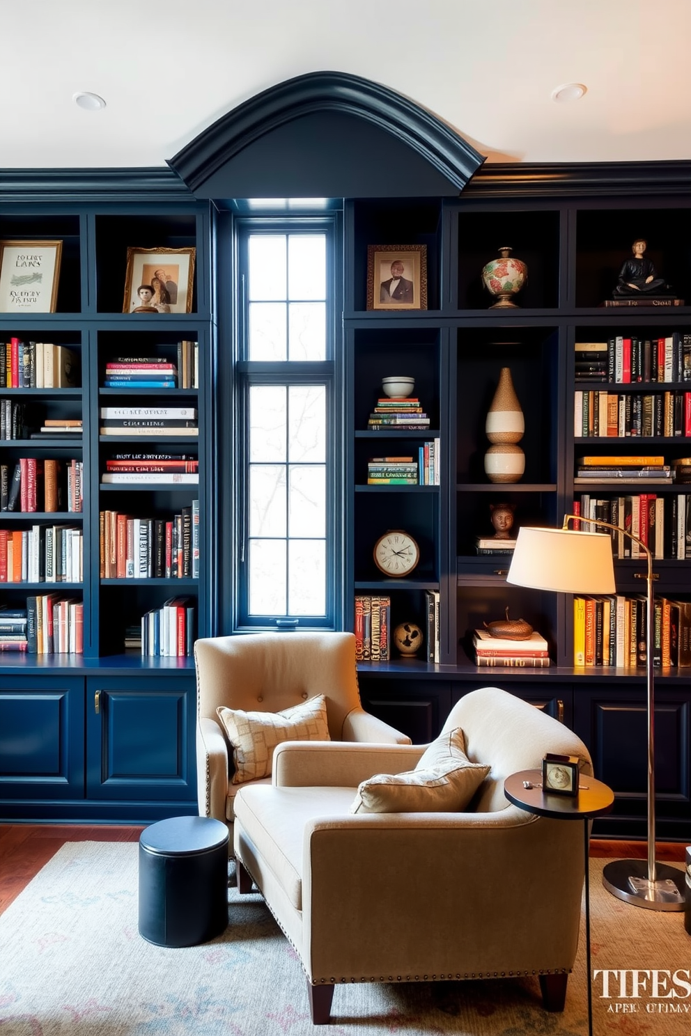 A cozy home library with dark blue built-in shelves that elegantly frame the room. The shelves are filled with an array of books, decorative items, and personal mementos, creating a warm and inviting atmosphere. A plush reading nook is situated beneath a large window, featuring a comfortable armchair and a small side table. Soft lighting from a stylish floor lamp enhances the ambiance, making it the perfect spot for quiet reading and relaxation.