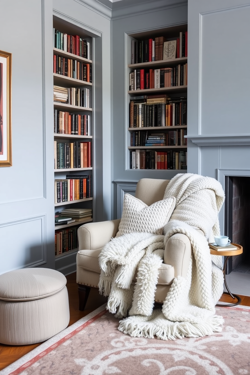 A serene home library featuring soft powder blue walls that create a calming atmosphere. Plush cozy throws are draped over a comfortable reading chair, inviting relaxation and enjoyment of books. The library is adorned with built-in wooden bookshelves filled with a curated selection of literature. A stylish area rug anchors the space, complementing the blue tones and enhancing the cozy feel.