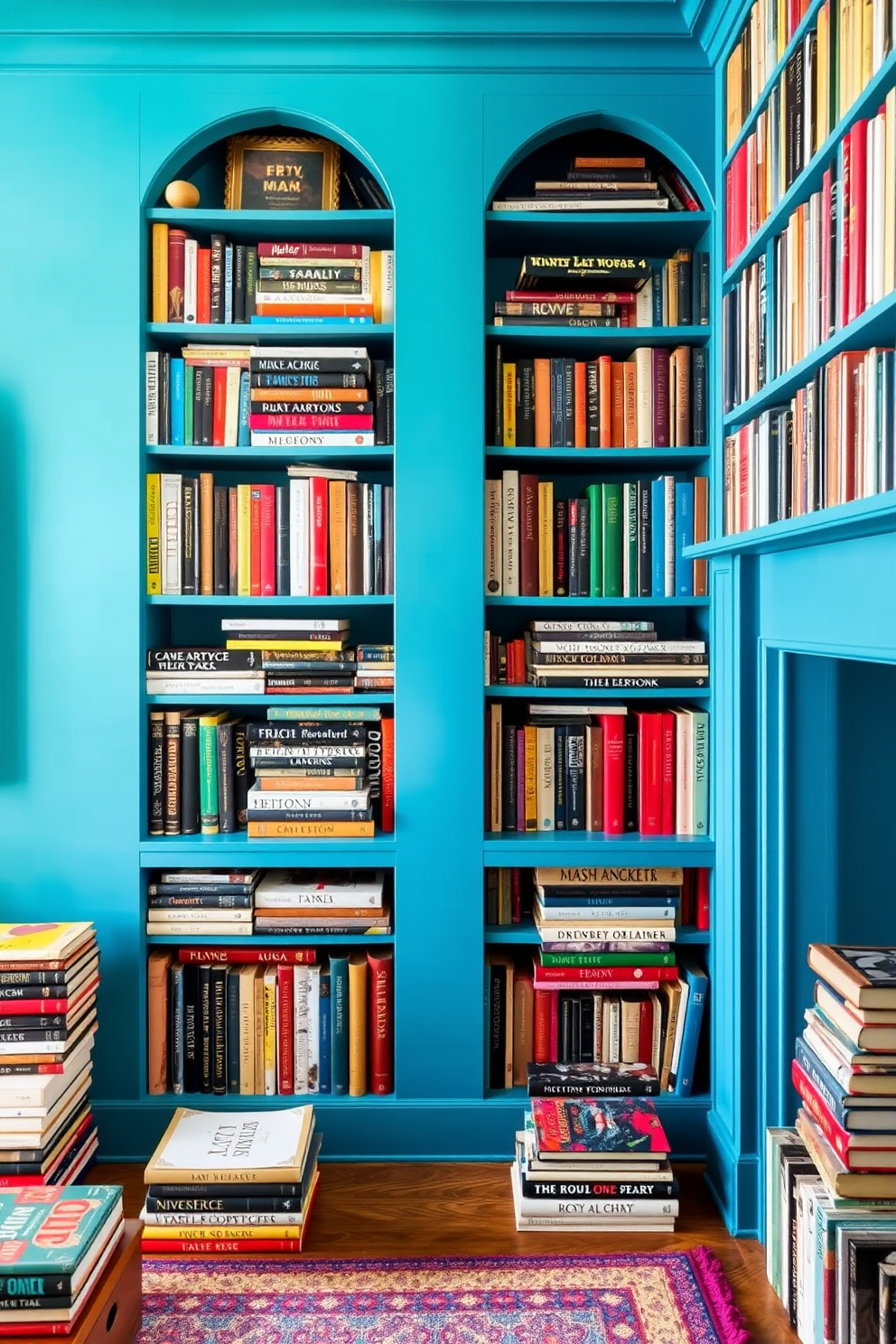 A vibrant azure home library filled with an eclectic collection of books. The walls are painted in a rich azure hue, while shelves brimming with colorful books create an inviting atmosphere.