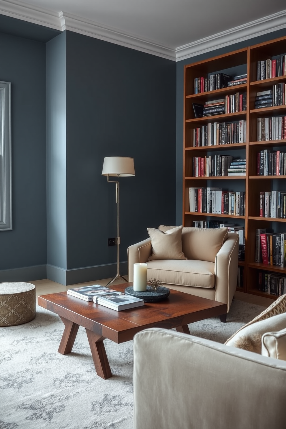 A serene home library featuring muted denim blue walls that create a calming atmosphere. The space is furnished with a plush, oversized armchair and a sleek wooden bookshelf filled with an array of books. In the center, a rustic wooden coffee table holds a stack of design magazines and a decorative candle. Soft, ambient lighting from a stylish floor lamp enhances the inviting vibe of the room.