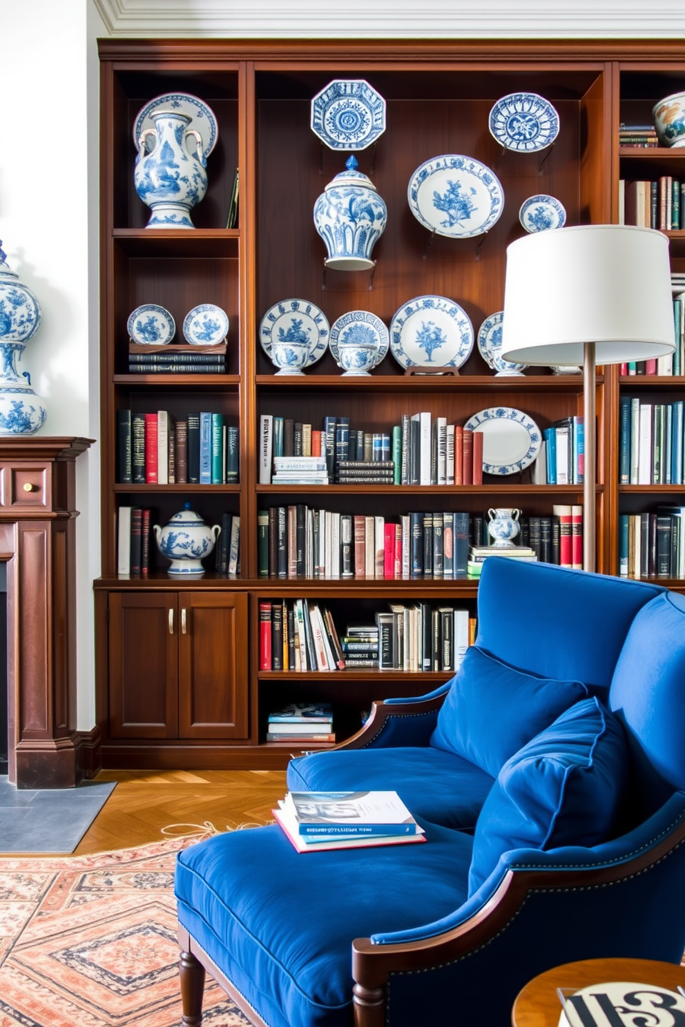 A classic blue and white porcelain decor setting features intricately designed vases and plates displayed on elegant shelves. The decor adds a timeless charm and sophistication to the overall ambiance of the space. The blue home library design showcases rich wooden bookshelves filled with an array of books. Plush seating in deep blue upholstery invites relaxation and reading in this cozy yet stylish environment.