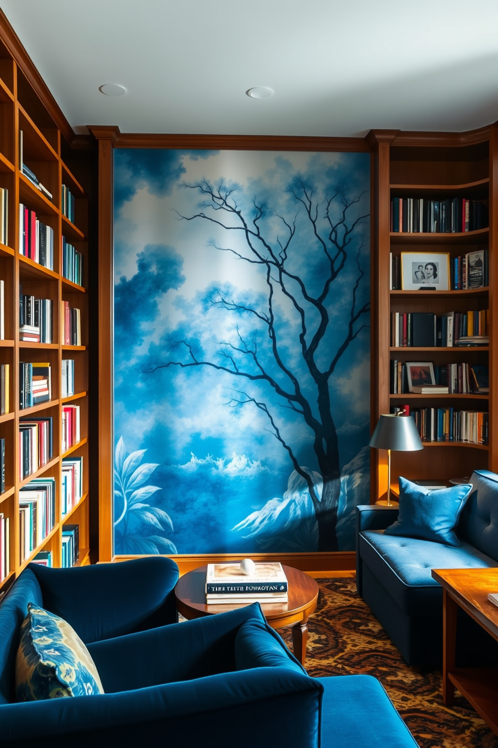 Artistic blue murals adorn the walls, creating a serene and inspiring atmosphere. Shelves filled with books line the room, inviting exploration and creativity. The home library features plush seating arrangements in deep blue tones, complemented by warm wooden accents. Soft lighting illuminates the space, enhancing the inviting and tranquil ambiance.