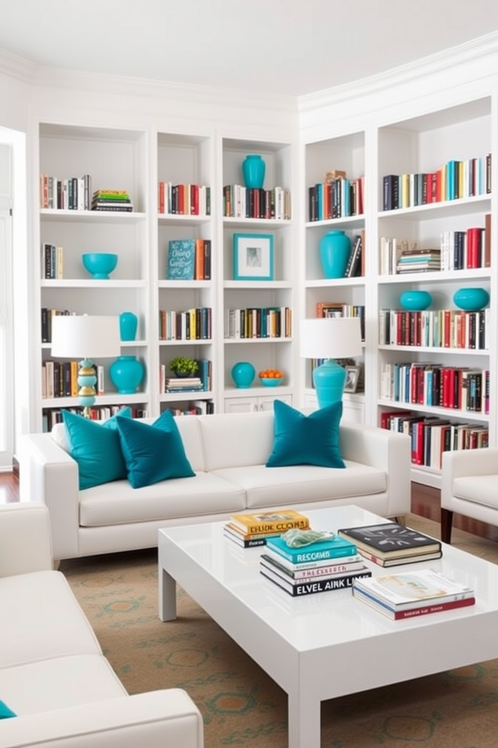 A cozy home library featuring bright turquoise accents against a backdrop of white furniture. The walls are painted a soft white, and plush turquoise cushions adorn a sleek white sofa. Bookshelves filled with an array of colorful books line the walls, complemented by decorative turquoise vases and art pieces. A stylish white coffee table sits in the center, topped with a stack of books and a small turquoise lamp.