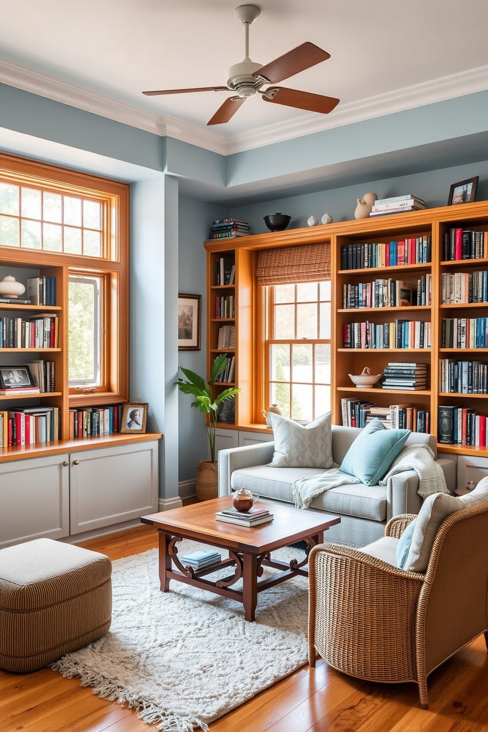 A cozy home library featuring light blue walls that create a serene atmosphere. The room is accented with warm wooden bookshelves filled with a variety of books and decorative items. A comfortable reading nook is situated by a large window, adorned with plush cushions and a light blue throw blanket. A wooden coffee table sits in front of a soft area rug, providing a perfect spot for a cup of tea.