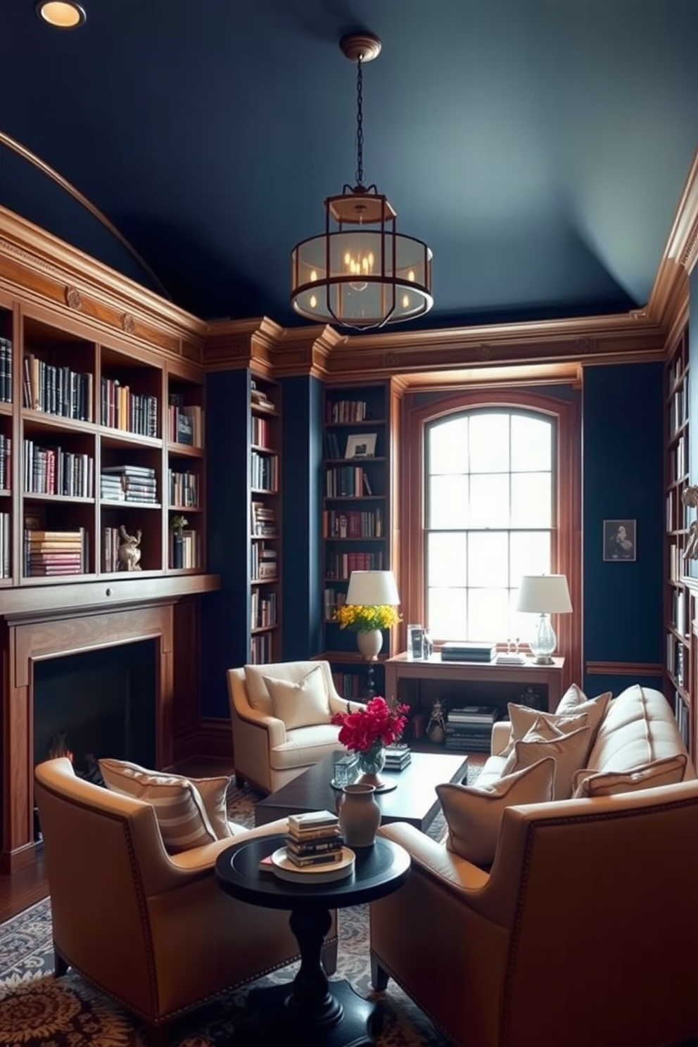 A cozy home library featuring deep indigo walls that create a rich and inviting atmosphere. The warm wood tones of the bookshelves and furniture provide a beautiful contrast, enhancing the overall elegance of the space. Plush seating in shades of cream and gold invites relaxation and reading. A large window allows natural light to filter in, illuminating the collection of books and decorative accents throughout the room.