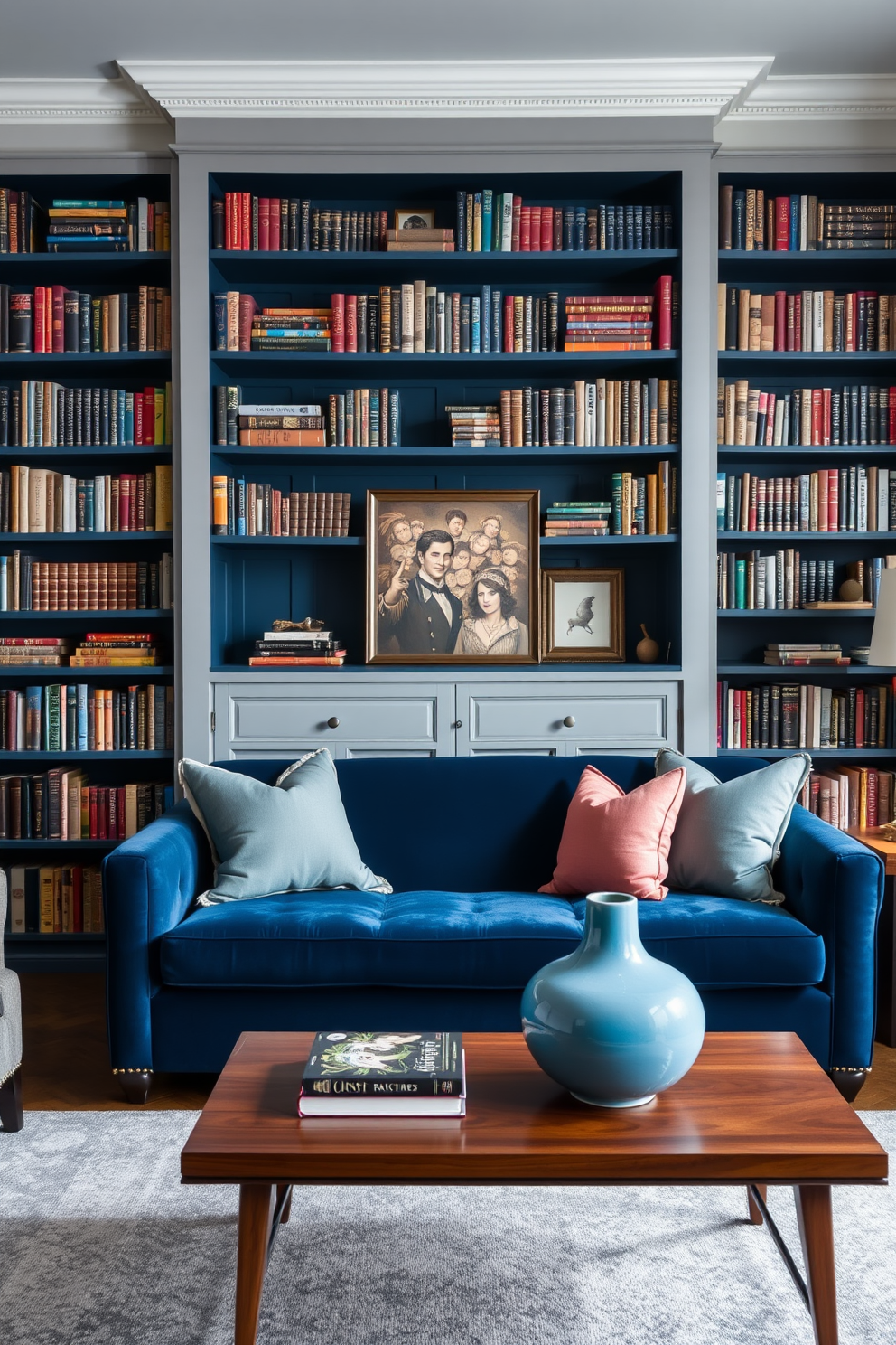 A classic blue and gray color scheme creates a serene atmosphere in the home library. The walls are painted a soft gray, while the bookshelves are a deep navy blue filled with an array of books. A plush blue velvet sofa sits in the center, complemented by gray accent pillows. A stylish gray area rug anchors the space, and a wooden coffee table with a blue ceramic vase adds a touch of elegance.