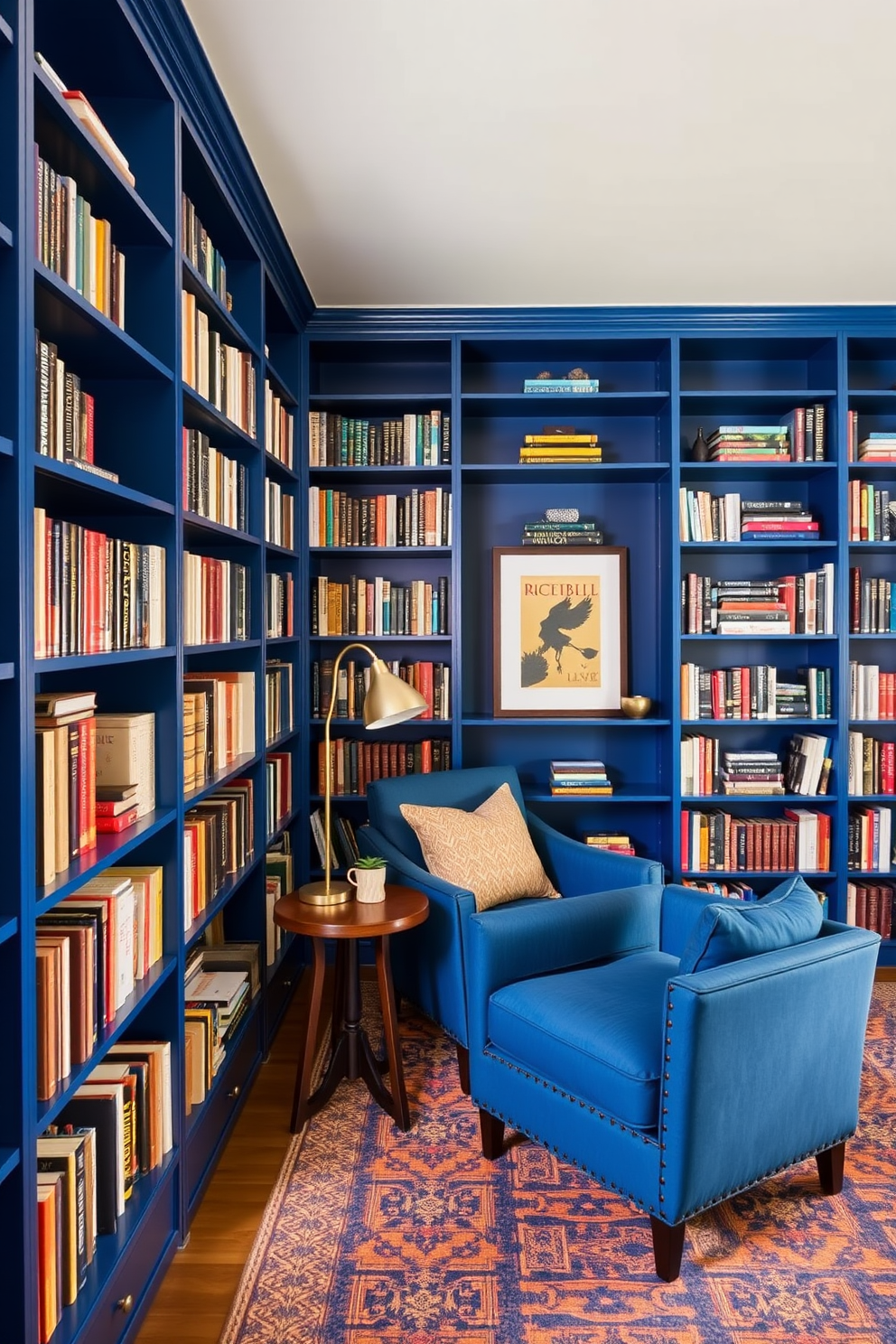 A cozy home library featuring bold cobalt blue bookshelves that stretch from floor to ceiling. An inviting cobalt blue armchair is positioned next to a small wooden side table, creating a perfect reading nook.