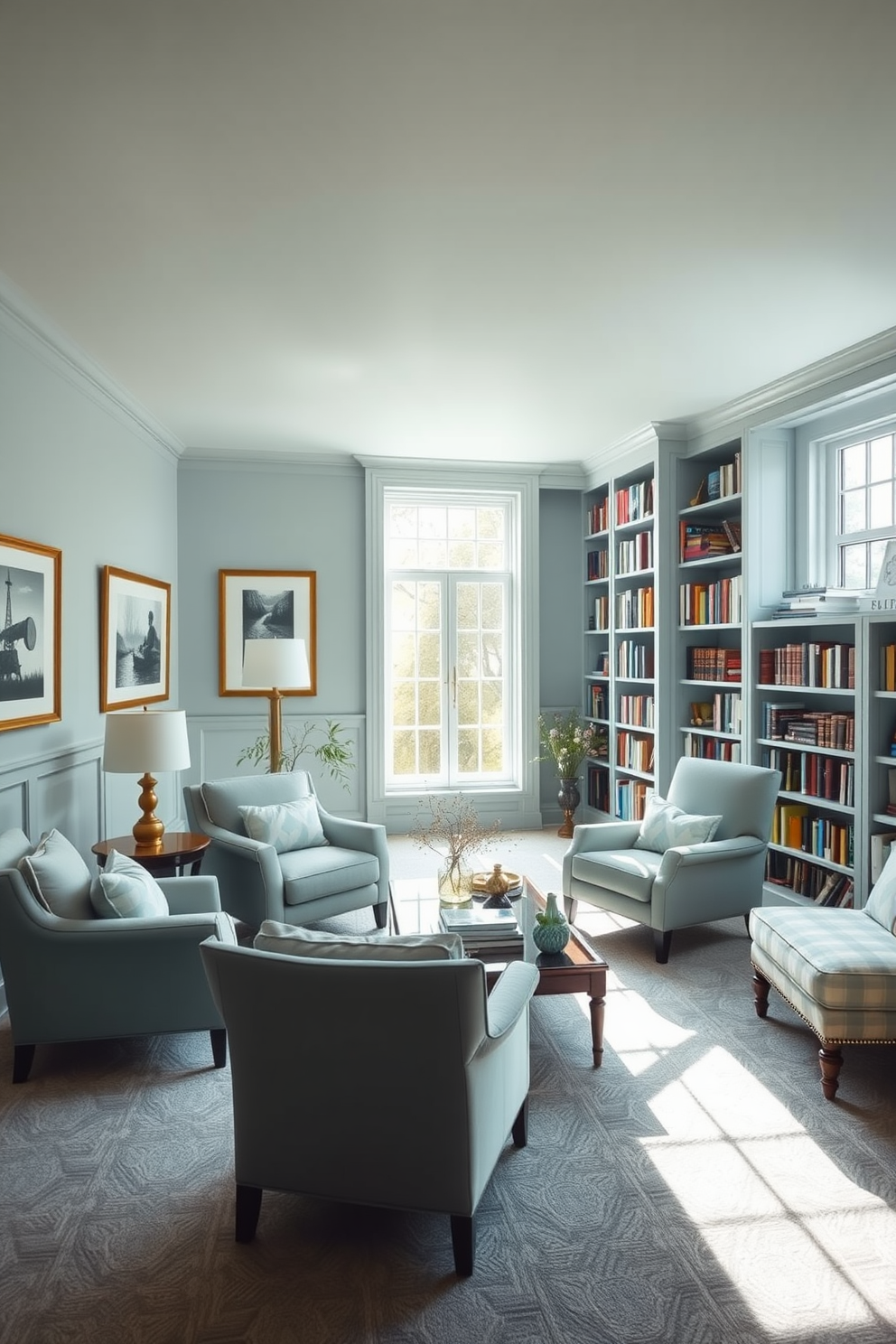 A serene home library bathed in soft pastel blue hues. Large windows allow natural light to flood the space, highlighting the cozy reading nooks and elegant bookshelves. Comfortable armchairs are positioned near a stylish coffee table, inviting relaxation and conversation. The walls are adorned with framed artwork that complements the calming color scheme, creating a tranquil atmosphere for reading and reflection.