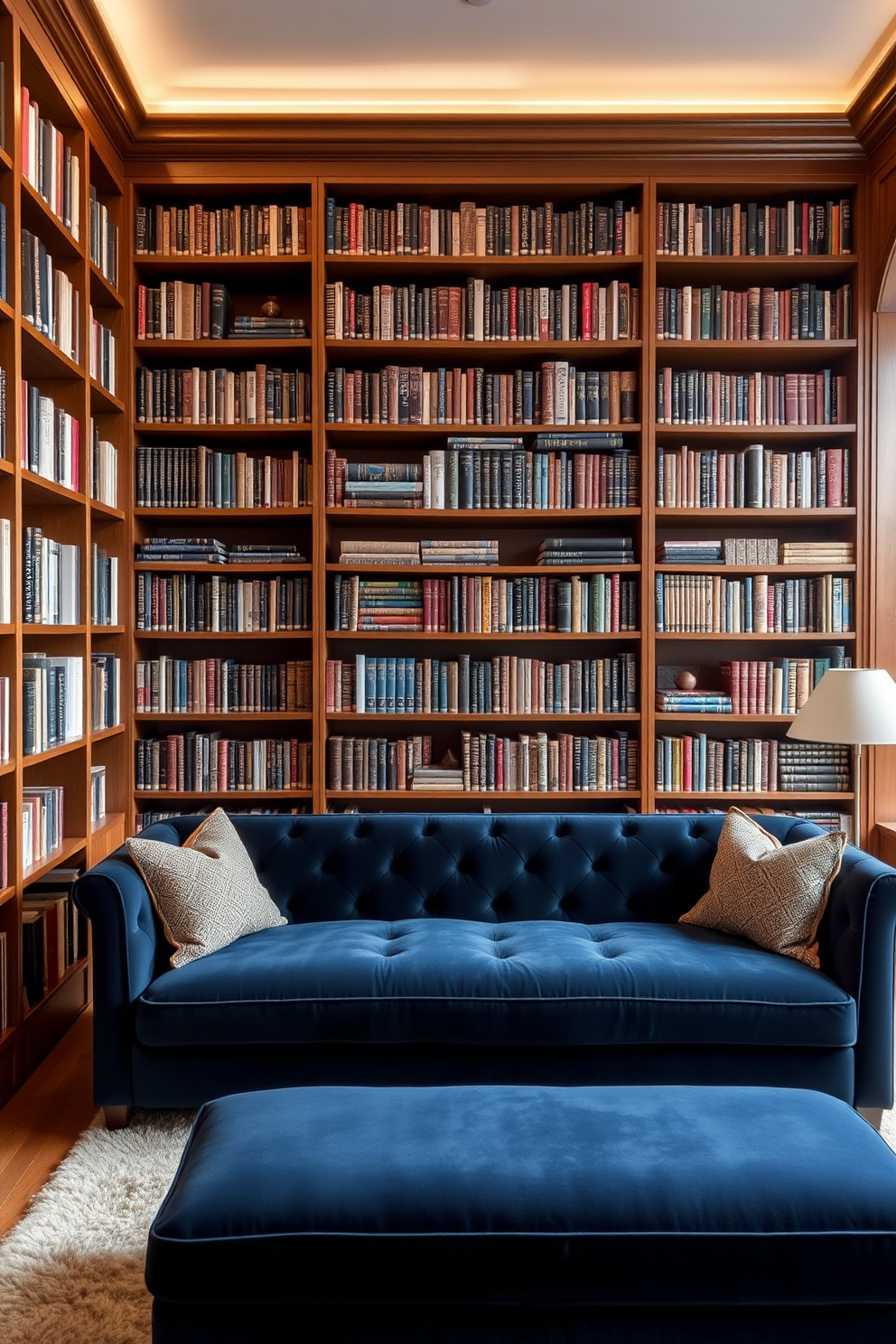 A rich navy blue velvet sofa invites comfort and elegance into the space. Surrounding it are tall bookshelves filled with a curated selection of books, creating a cozy atmosphere for reading. The library features warm wooden accents and soft lighting to enhance the inviting ambiance. A plush area rug anchors the seating area, adding texture and warmth to the design.