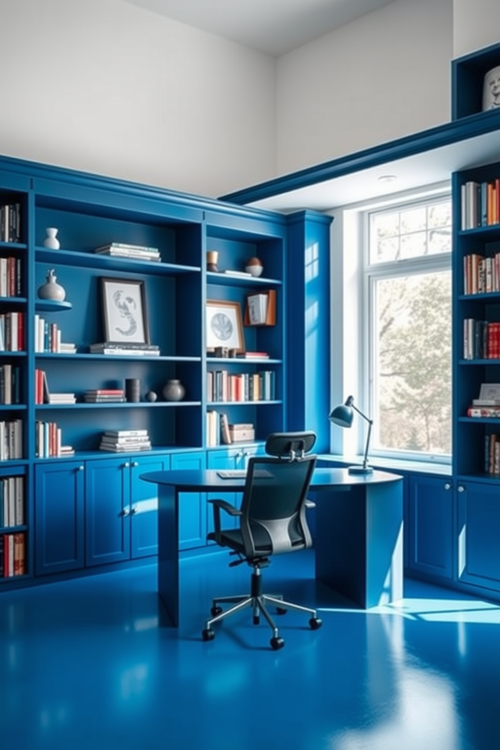 A sleek home office with dark blue bookshelves that provide a striking contrast against the light-colored walls. The shelves are filled with an array of books and decorative items, creating a visually appealing focal point. A modern desk sits in front of the bookshelves, featuring a stylish ergonomic chair. Natural light floods the space from a large window, enhancing the vibrant blue tones and creating an inviting atmosphere.