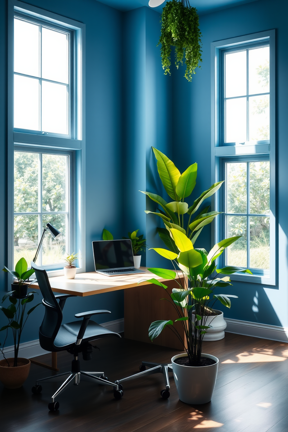 A serene home office space that incorporates blue and green plants for a refreshing atmosphere. The walls are painted in a soft blue hue, complemented by a sleek wooden desk and a comfortable ergonomic chair. Lush green plants are strategically placed around the room, adding vibrancy and life. Large windows allow natural light to flood the space, enhancing the calming effect of the design.