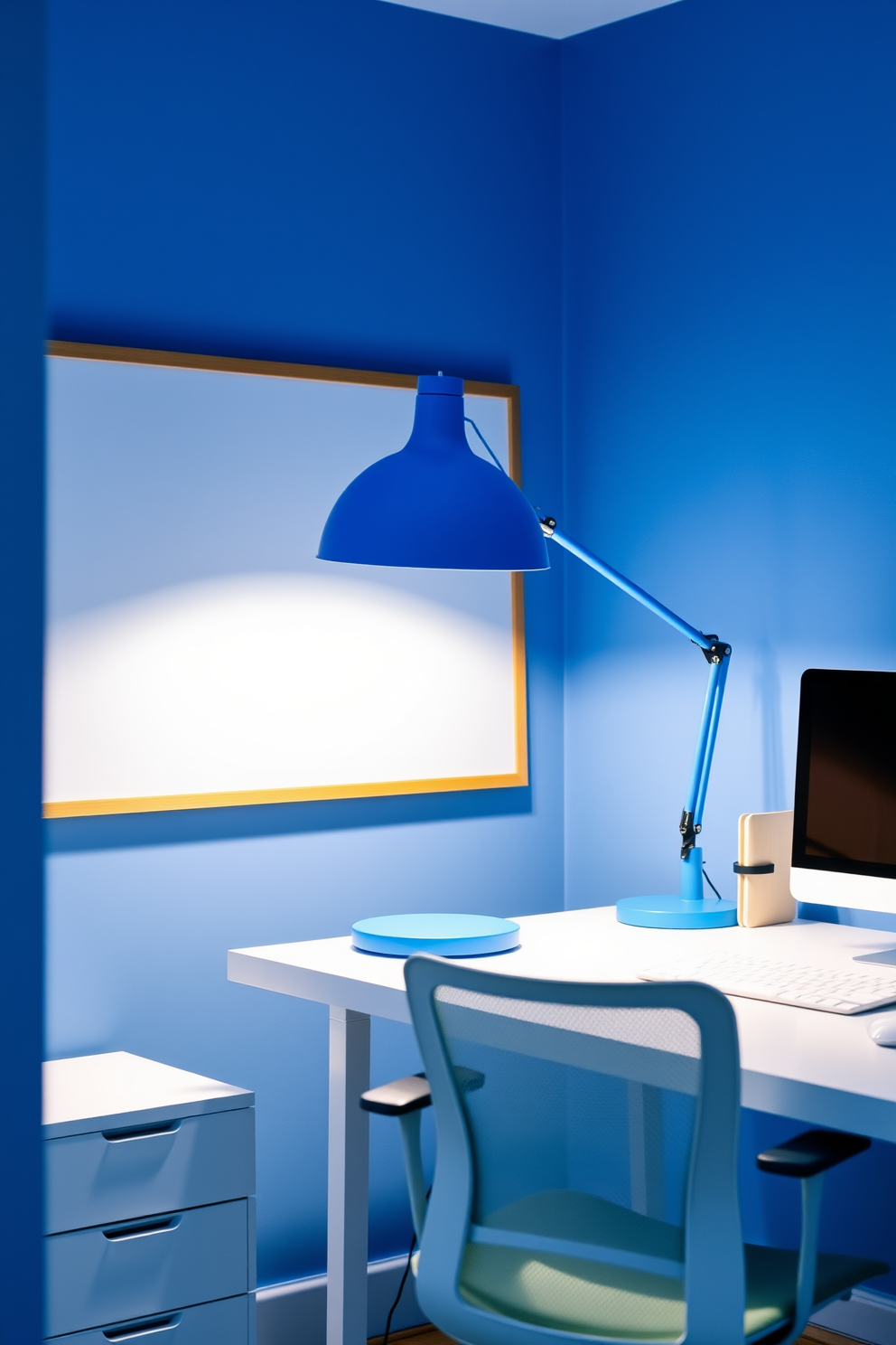 A modern home office featuring a sleek blue desk lamp that provides stylish illumination. The room is designed with a calming blue color palette, complemented by a minimalist desk and ergonomic chair for productivity.