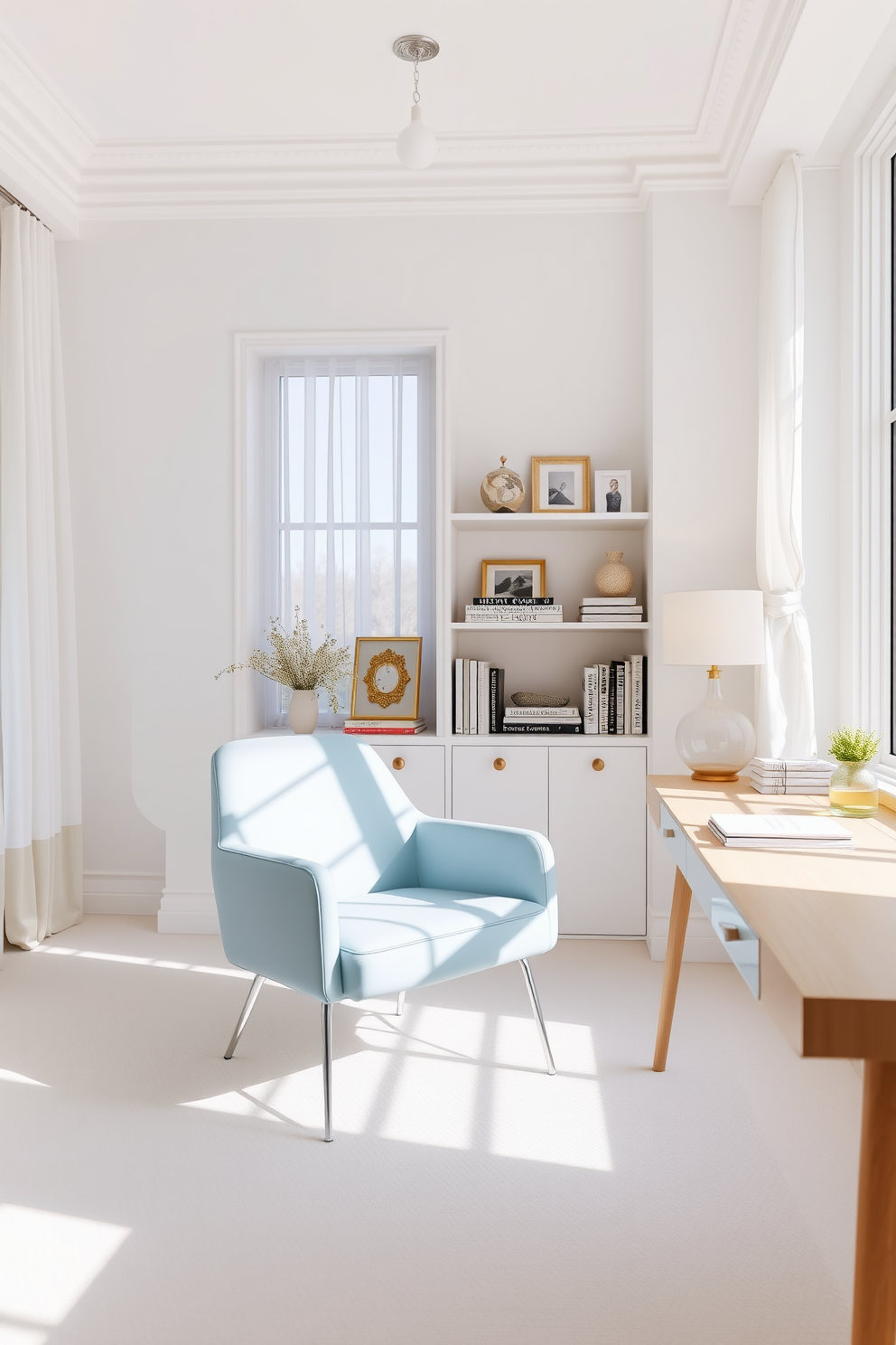 A light blue chair with a sleek modern design is positioned in a bright and airy home office. The walls are painted a soft white, and a minimalist wooden desk complements the chair, creating a harmonious workspace. Natural light floods the room through large windows adorned with sheer curtains. A stylish bookshelf filled with curated decor and books adds a touch of personality to the space.