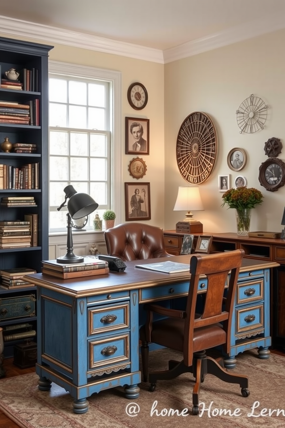 A vintage blue desk with rustic charm is the focal point of the home office. The desk features intricate woodwork and a distressed finish, complemented by a comfortable leather chair. The walls are painted in a soft cream hue, creating a warm and inviting atmosphere. A large bookshelf filled with eclectic decor and books lines one side of the room, enhancing the vintage aesthetic.