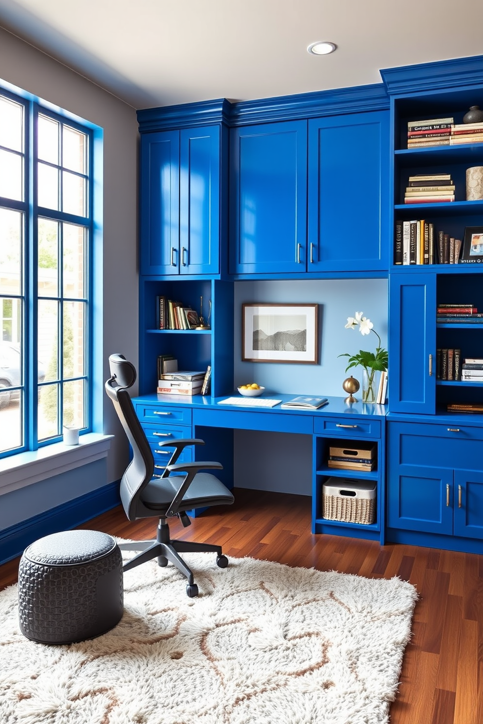 A modern home office with cabinetry painted in a striking cobalt blue. The desk is sleek and minimalist, complemented by a comfortable ergonomic chair and stylish desk accessories. Natural light floods the room through large windows, highlighting the vibrant blue cabinetry. A plush area rug adds warmth to the space, while shelves filled with books and decorative items create an inviting atmosphere.