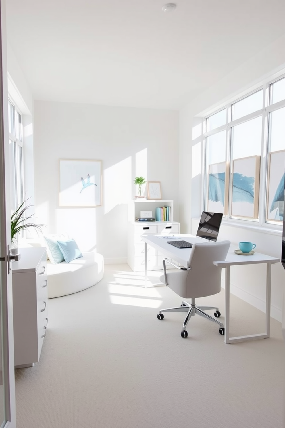 A serene home office featuring pastel blue accents. The minimalist design includes a sleek white desk and a comfortable chair, with pastel blue decorative elements like cushions and artwork on the walls. The room is illuminated by natural light streaming through large windows, enhancing the calming atmosphere. A small bookshelf with a few curated items adds a touch of personality without cluttering the space.