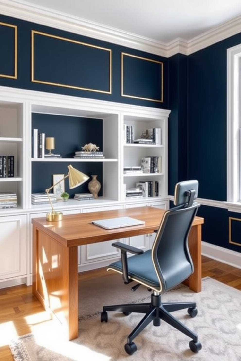 A navy blue accent wall features elegant gold trim that adds a touch of luxury to the space. The room is adorned with a sleek wooden desk and a plush ergonomic chair, creating a perfect environment for productivity. Large windows allow natural light to flood the room, highlighting the crisp white shelves filled with books and decorative items. A contemporary area rug in neutral tones anchors the space, complementing the overall design.