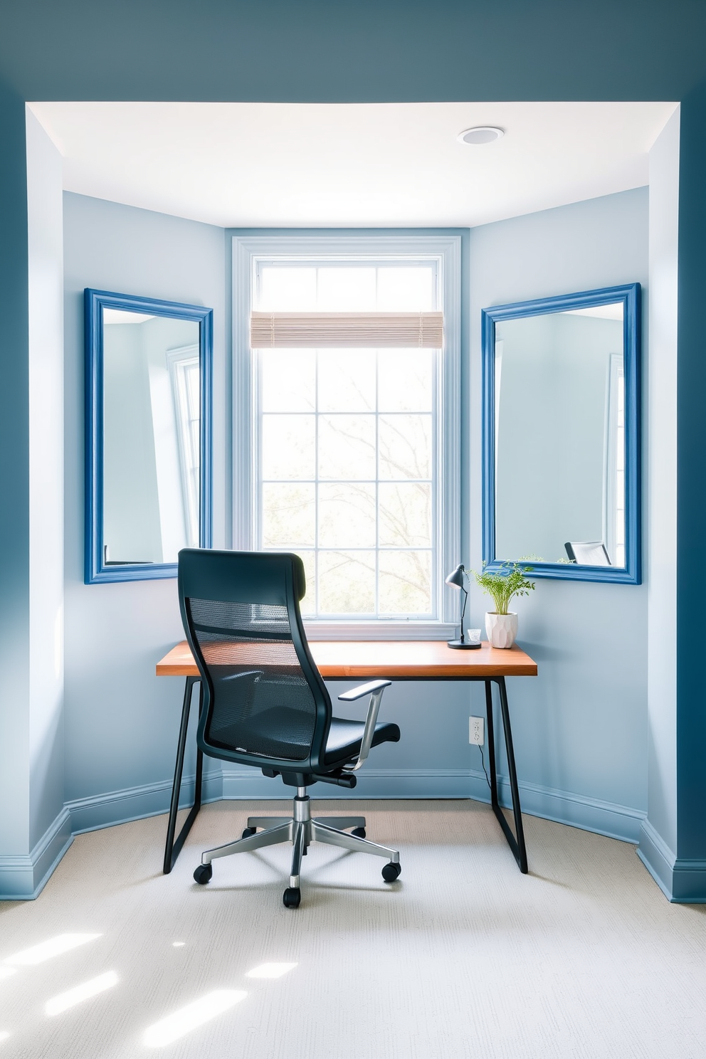 A serene home office setting. The walls are painted in a soft blue hue, creating a calming atmosphere. Blue framed mirrors are strategically placed to enhance natural light. A sleek wooden desk sits in front of a large window, complemented by a comfortable ergonomic chair.