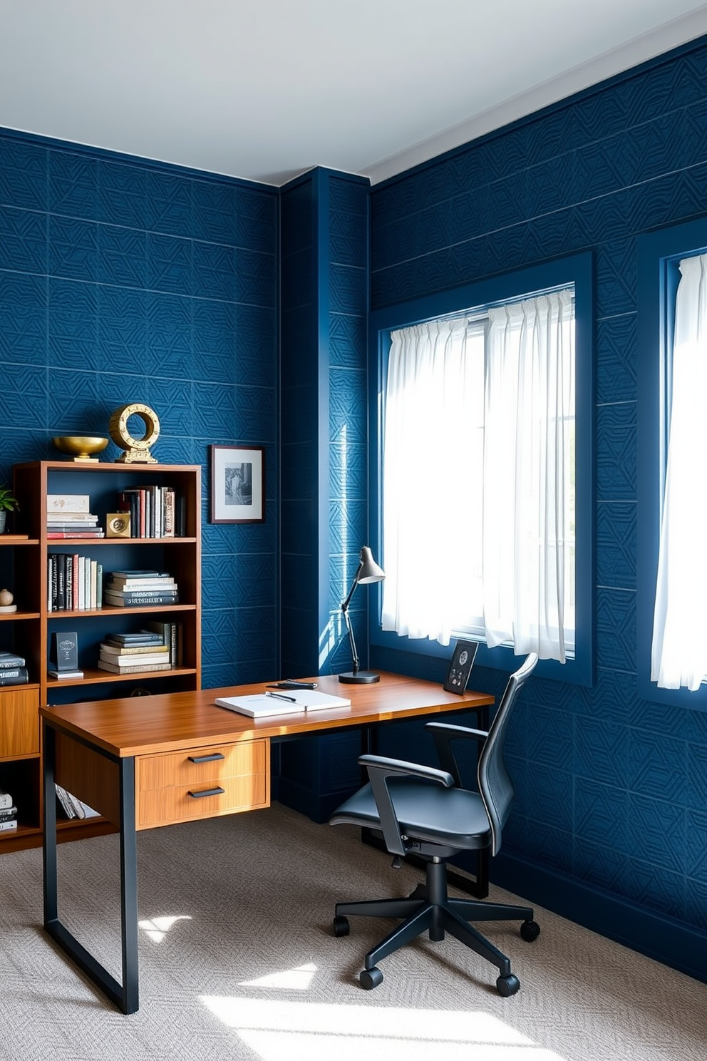 Textured blue wall panels create a sense of depth and sophistication in the home office. A sleek wooden desk with modern hardware is positioned against the wall, complemented by a comfortable ergonomic chair. Natural light floods the space through large windows adorned with sheer white curtains. A stylish bookshelf filled with curated decor and books adds a personal touch to the room.