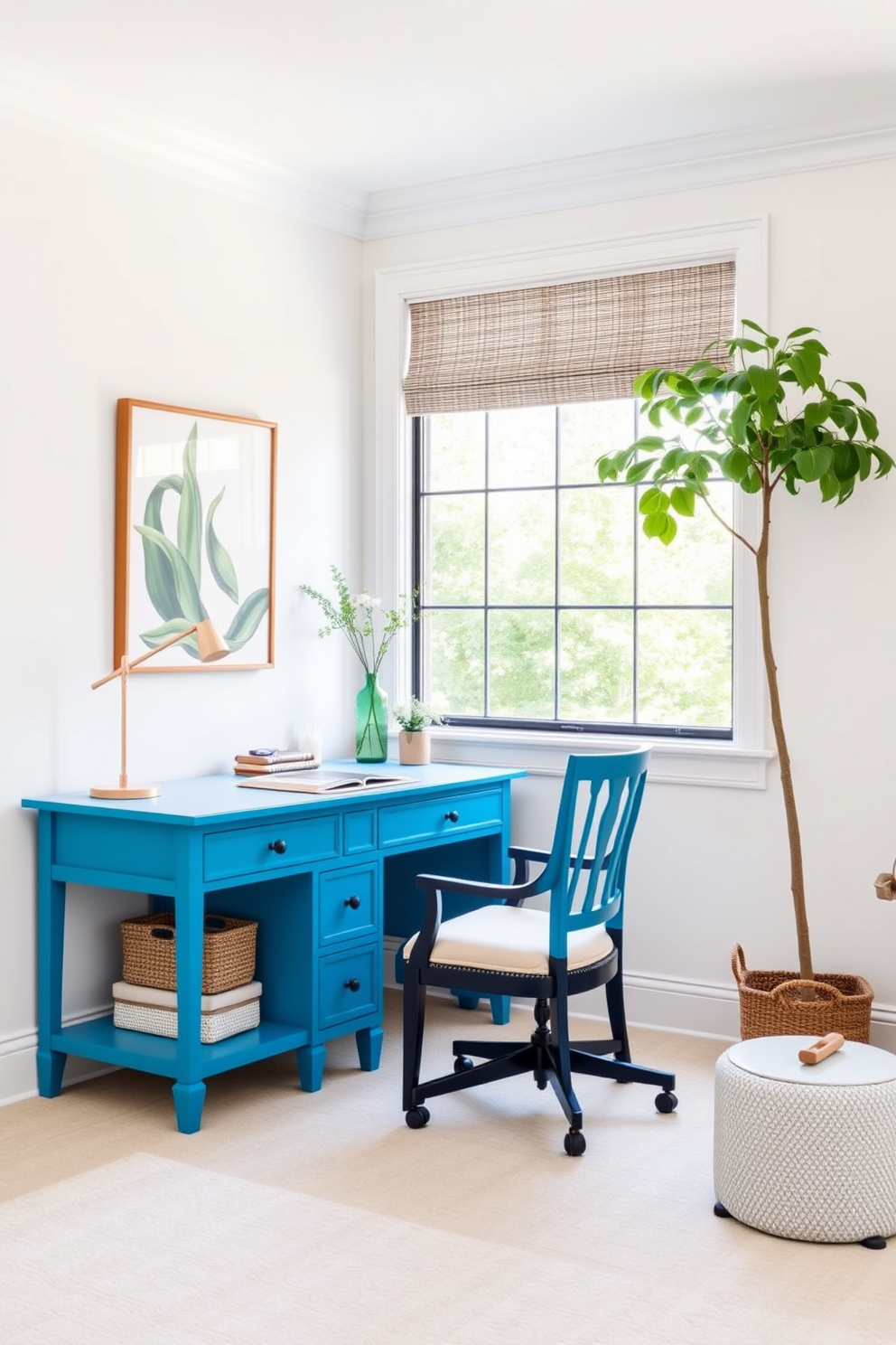 A serene home office featuring a cerulean blue desk paired with a matching chair that complements the overall design. The walls are painted a soft white, creating a bright and airy atmosphere, while a large window allows natural light to flood the space.