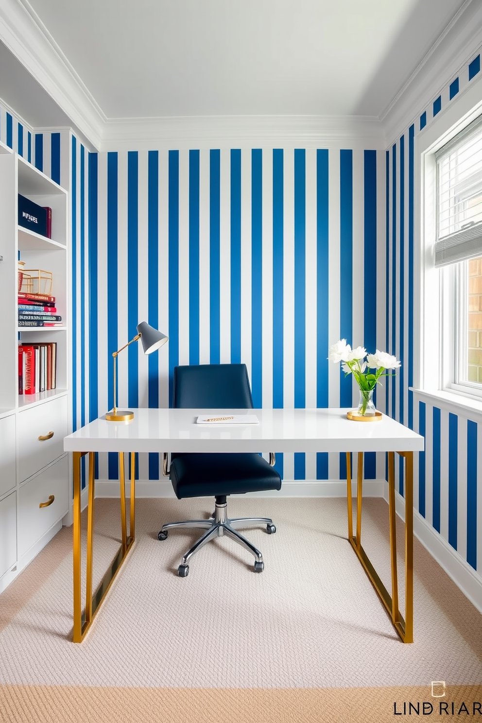 A stylish home office featuring blue and white striped wallpaper that adds a touch of flair to the space. The room includes a sleek white desk with modern gold accents and a comfortable navy blue chair positioned for optimal productivity.