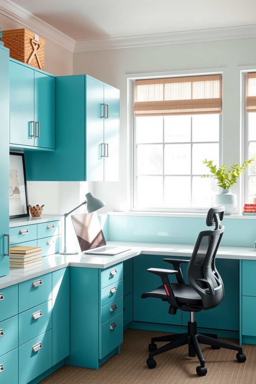 A modern home office featuring aqua blue file cabinets that provide ample storage. The workspace includes a sleek desk with a comfortable ergonomic chair, complemented by stylish decor and natural light streaming through large windows.