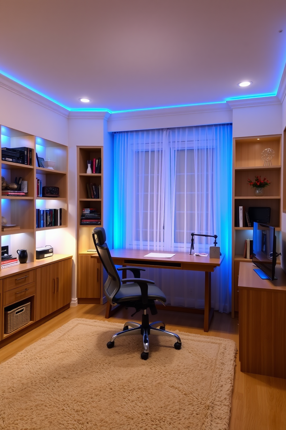 A cozy home office setting illuminated by soft blue lighting creates a calming atmosphere. The room features a sleek wooden desk with a comfortable ergonomic chair, complemented by a plush area rug in neutral tones. On the walls, there are built-in shelves filled with books and decorative items, enhancing the inviting feel. A large window allows natural light to filter in, paired with sheer curtains that diffuse the blue glow.