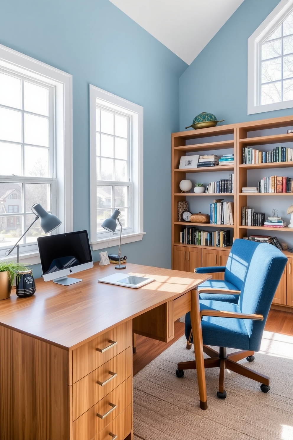 A serene home office featuring a combination of blue and natural wood elements. The walls are painted in a soft sky blue, creating a calming atmosphere, while a sleek wooden desk adds warmth and sophistication. In the corner, a comfortable blue armchair invites relaxation, complemented by a wooden bookshelf filled with books and decorative items. Large windows allow natural light to flood the space, enhancing the cozy and productive environment.